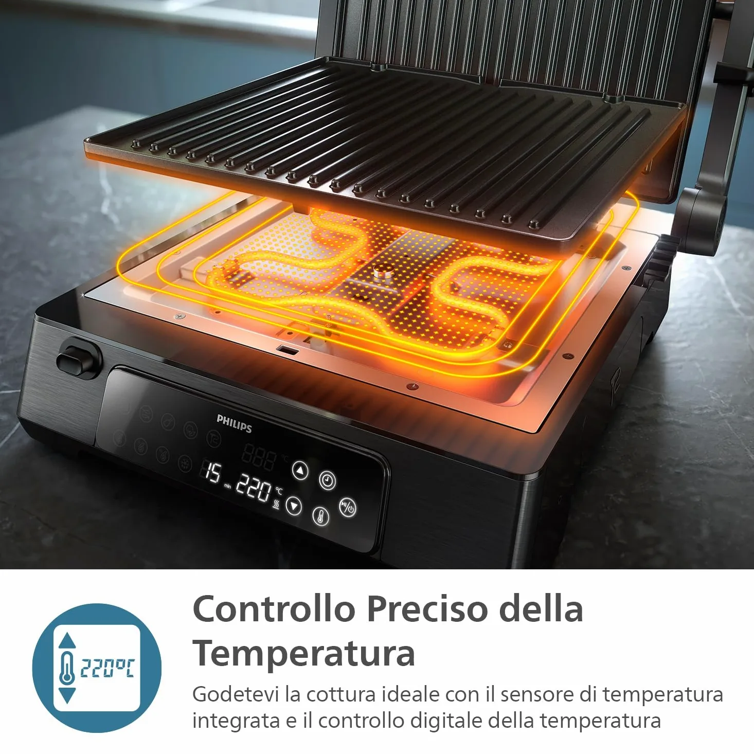 Philips Contact Grill - Sensore di Temperatura e 8 Funzioni Preimpostate grill con griglia ampia. Controllo Digitale della Temperatura. Facile da Pulire (HD6307/70)