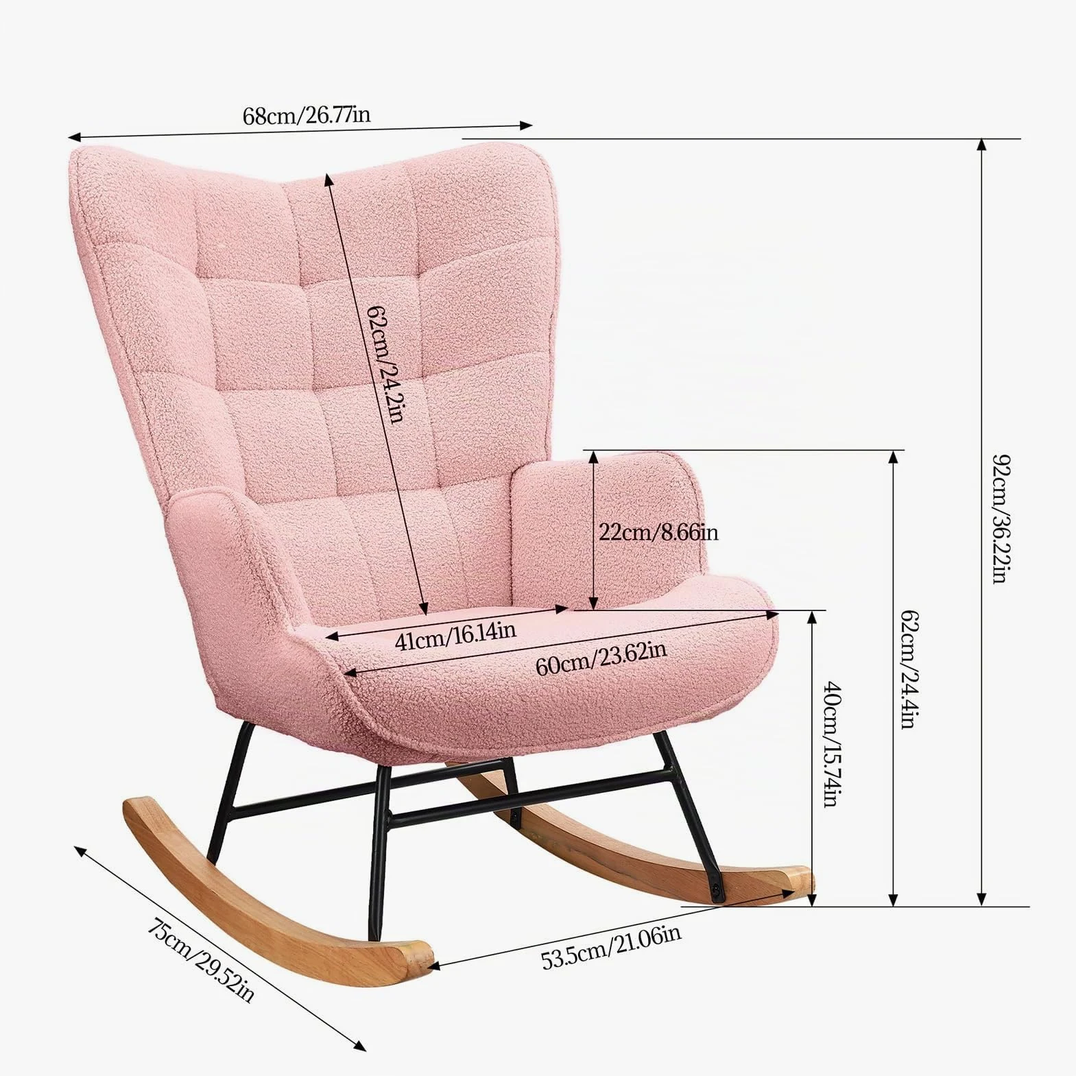 Sedia a dondolo Rosa, Rocking Chair, Sedia per l'allattamento, Sedia in velluto Teddy con gambe in legno massiccio, per soggiorno, camera da letto, balcone (rosa)