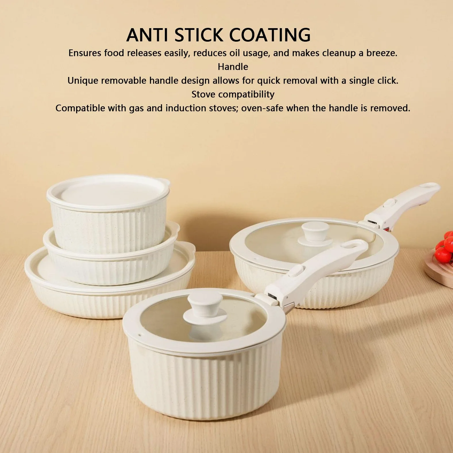 EMUKOEP Set di Pentole Pentole con Manico Staccabile Padelle con Manico Rimovibile Set di a Induzione Pentola Antiaderente Padella Profonda con Coperchio per Cucinare in C