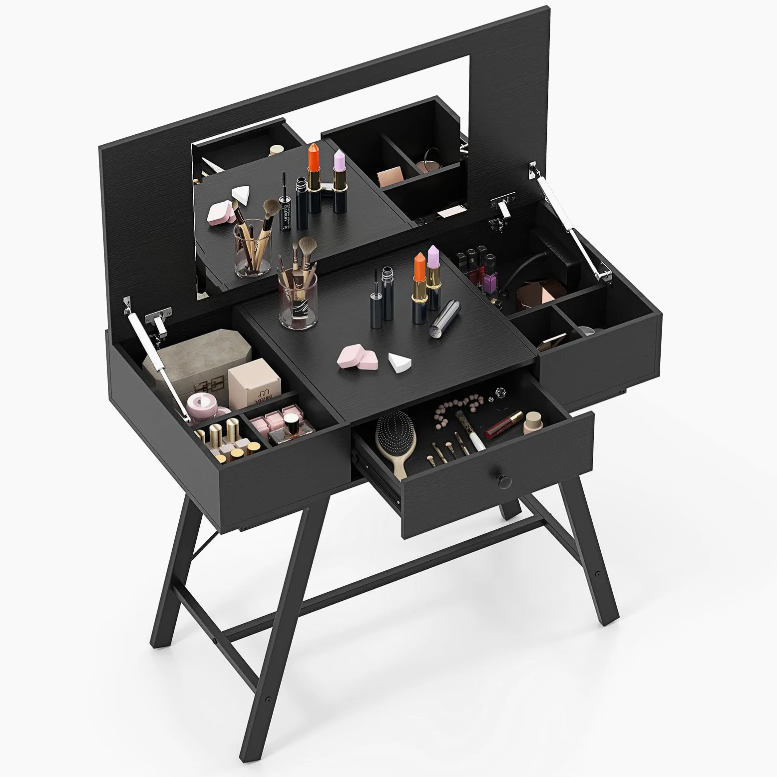 GIANTEX Tavolo da trucco con specchio pieghevole, con stazione di ricarica, cassetto, 6 scomparti per riporre oggetti, vassoio nascosto, scrivania da toeletta 2 in 1, per camera da letto, studio (nero