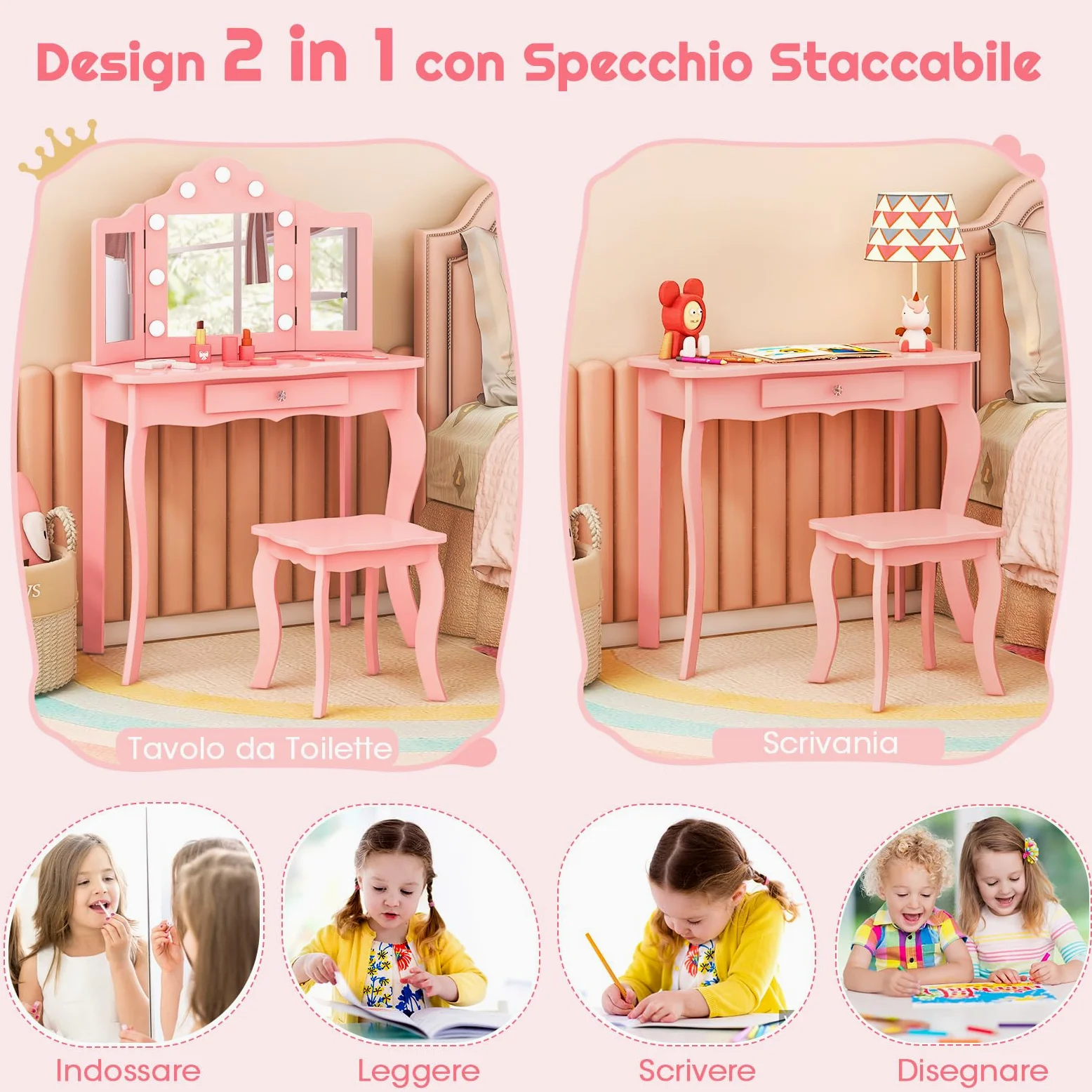 COSTWAY Toeletta Trucco 2 in 1 per Bambina, Specchiera Staccabile per Ragazza in Legno con Sgabello, Cassetto, Ripiani e Giocattoli, Postazione Trucco per 3 Anni, 70 x 34 x 103 cm (Rosa)