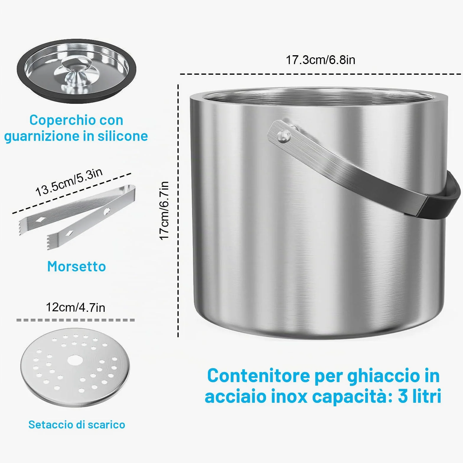 Contenitore per ghiaccio in acciaio inox, 3 l, con coperchio ermetico, colino e pinza per ghiaccio, a doppia parete, ideale per raffreddare birra, champagne e frutta