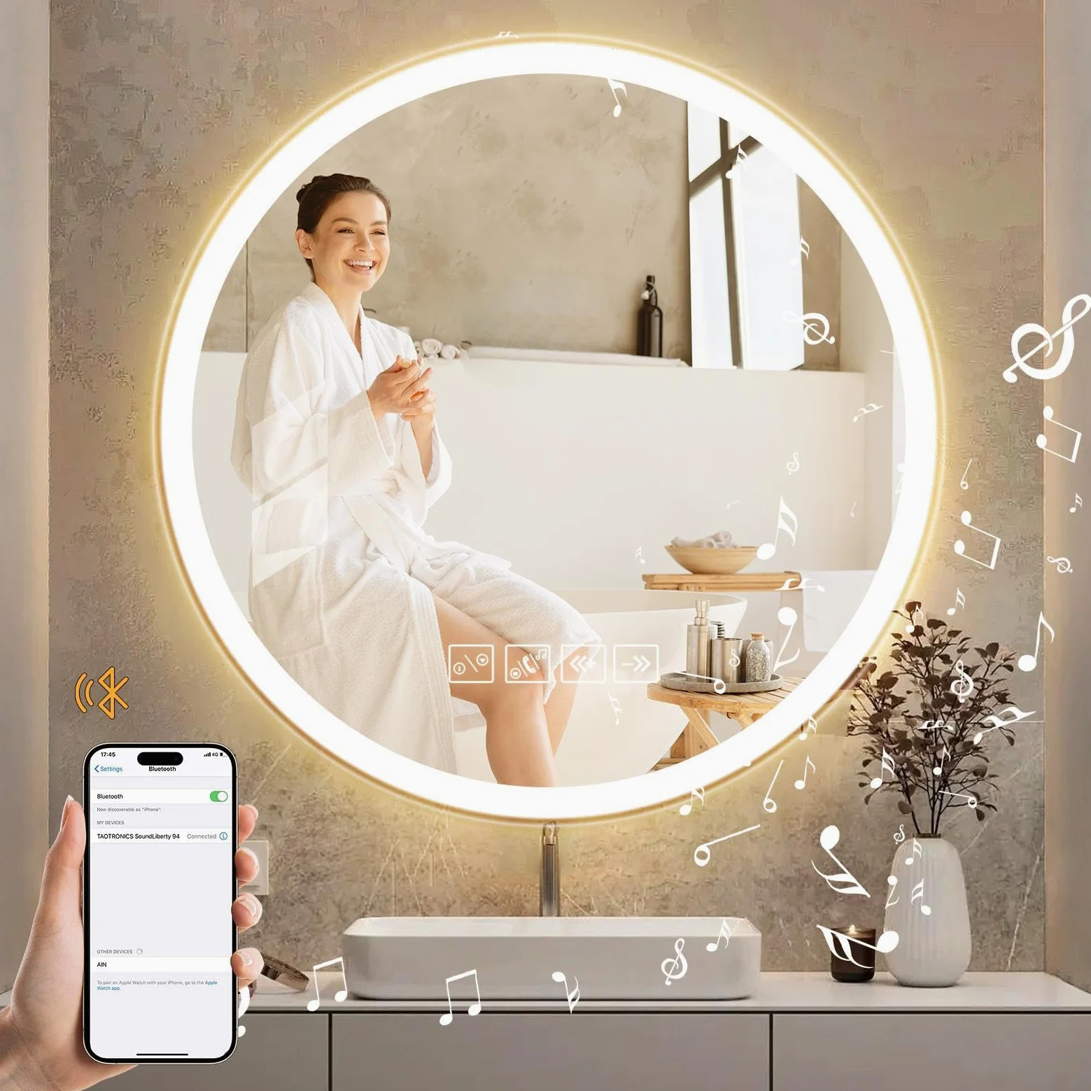 Specchio Bagno con Luce, Rotondo 60cm con Luce Regolabile, Bluetooth, Antiappannamento, Vetro Temperato HD – Funzione Memoria e Riproduzione Musicale