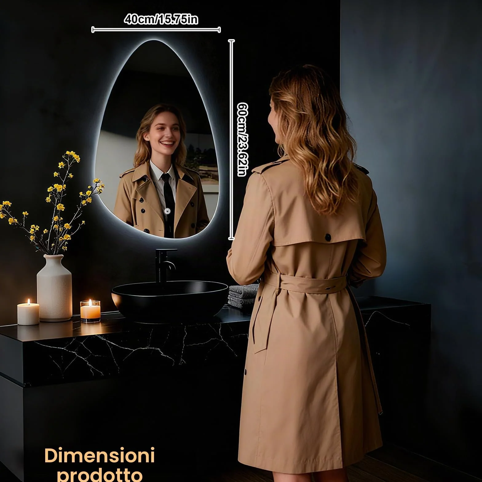 Specchio da parete rotondo per bagno, con illuminazione, specchio con luce LED, interruttore touch e 3 colori dimmerabili (60 L x 40 cm)
