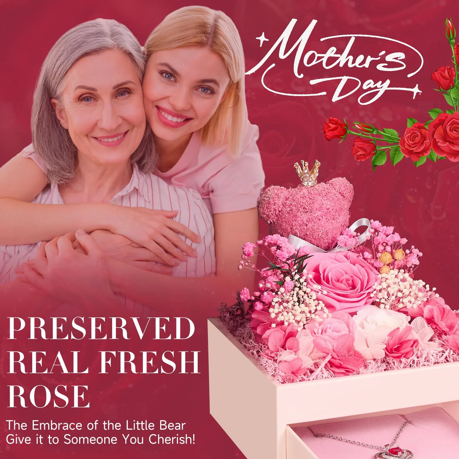 Rosa Eterna Regalo Donna, Collana e Orso di Muschio, Preservada Fiori Confezione Regalo per Festa Mamma, Natale, Compleanno, San Valentino