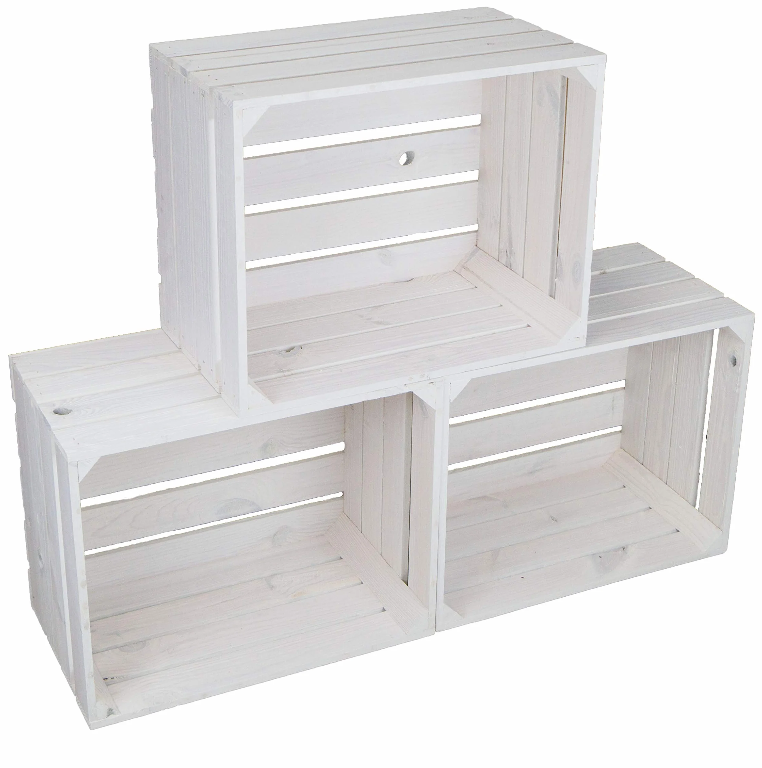Set di 3 cassette da frutta tipo vecchio, in legno massiccio, 49 x 42 x 31 cm bianco