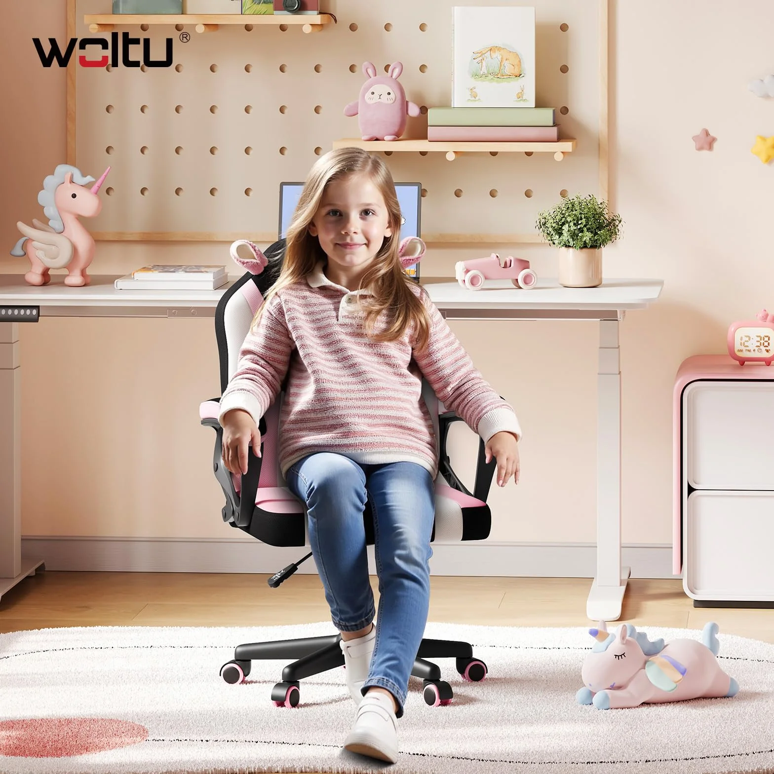 WOLTU Sedia da gioco per bambini, sedia da scrivania ergonomica per bambini con schienale e braccioli, con ruote alternative ponderate, superficie in tessuto a rete, motivo Unicorno