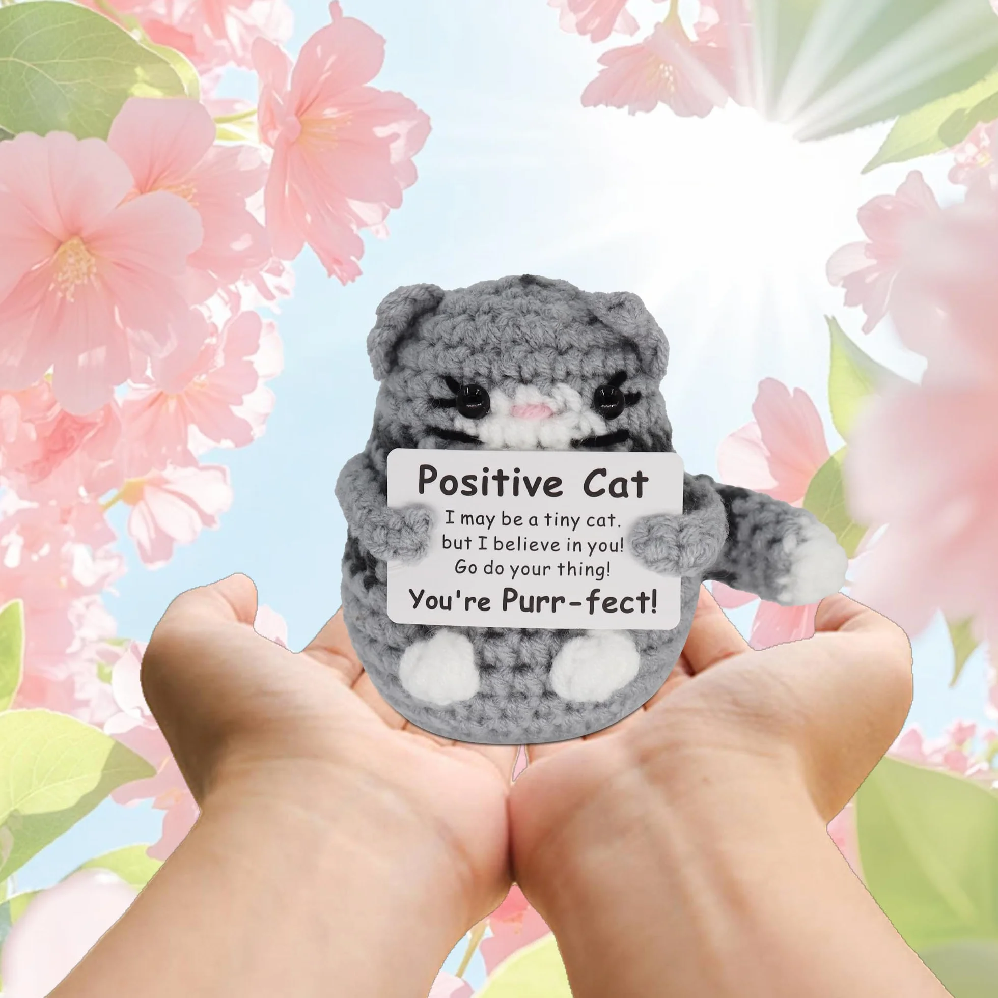 Pocket Hug - Bambola di Gatto Grigia Spessa in Lana Lavorata a Maglia Spessa Gatto Grigio con energia positiva, Idea Regalo per Ragazzi e Ragazze