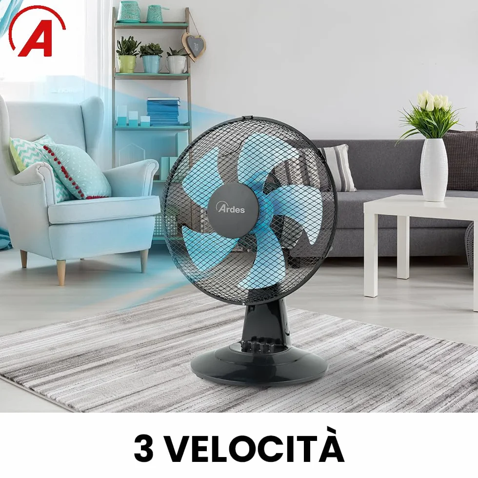 Ardes STEELO 30N Ventilatore da Tavolo 40W 30 cm Oscillante con Oscillazione Automatica, Inclinazione Regolabile, 3 Velocità Silenziose, Base Stabile e 5 Pale
