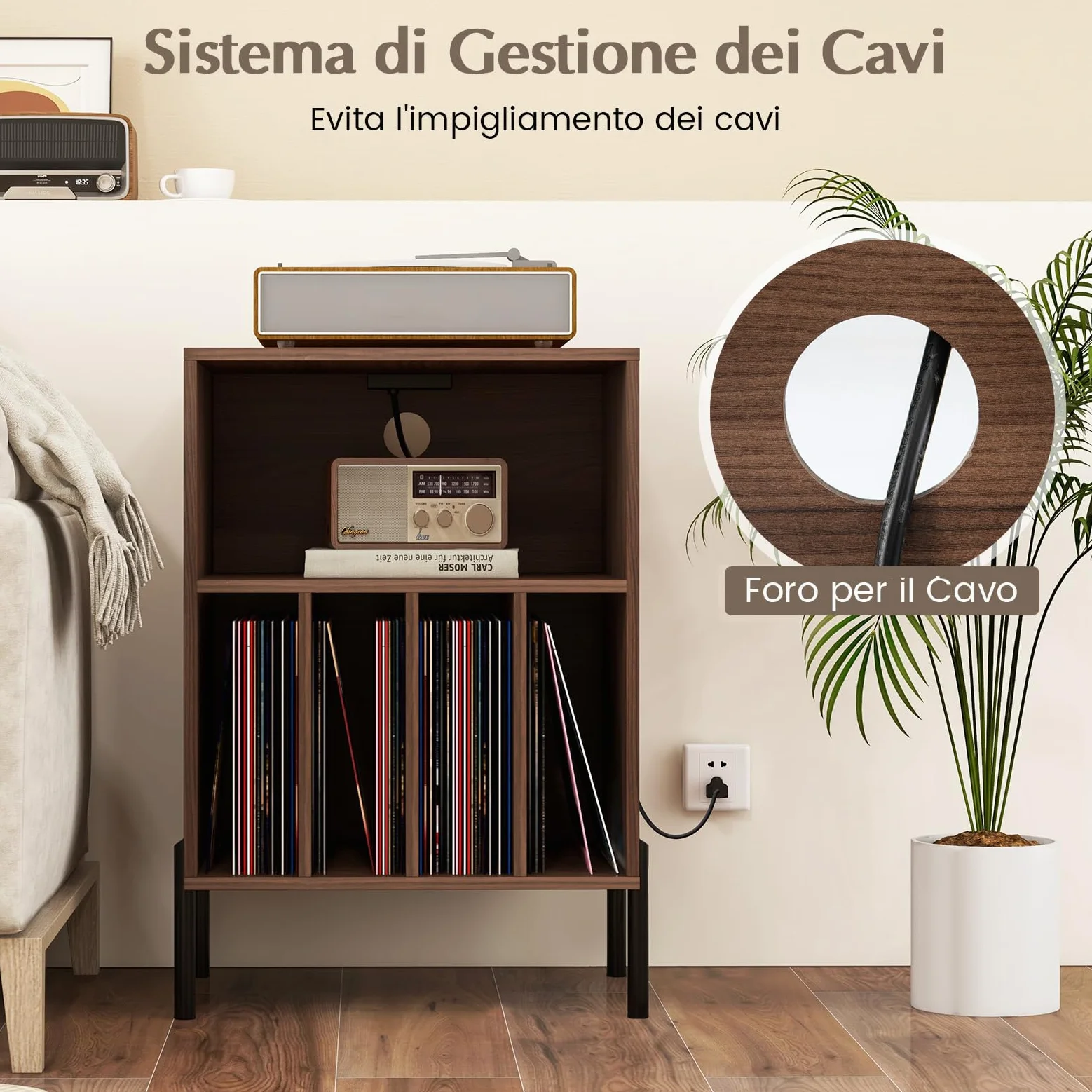 RELAX4LIFE Supporto per Giradischi con Stazione di Ricarica, Porta Vinili con 5 Scomparti e Gambe in Metallo, Scaffale per Dischi in Vinile per Soggiorno, Camera da Letto (Noce)