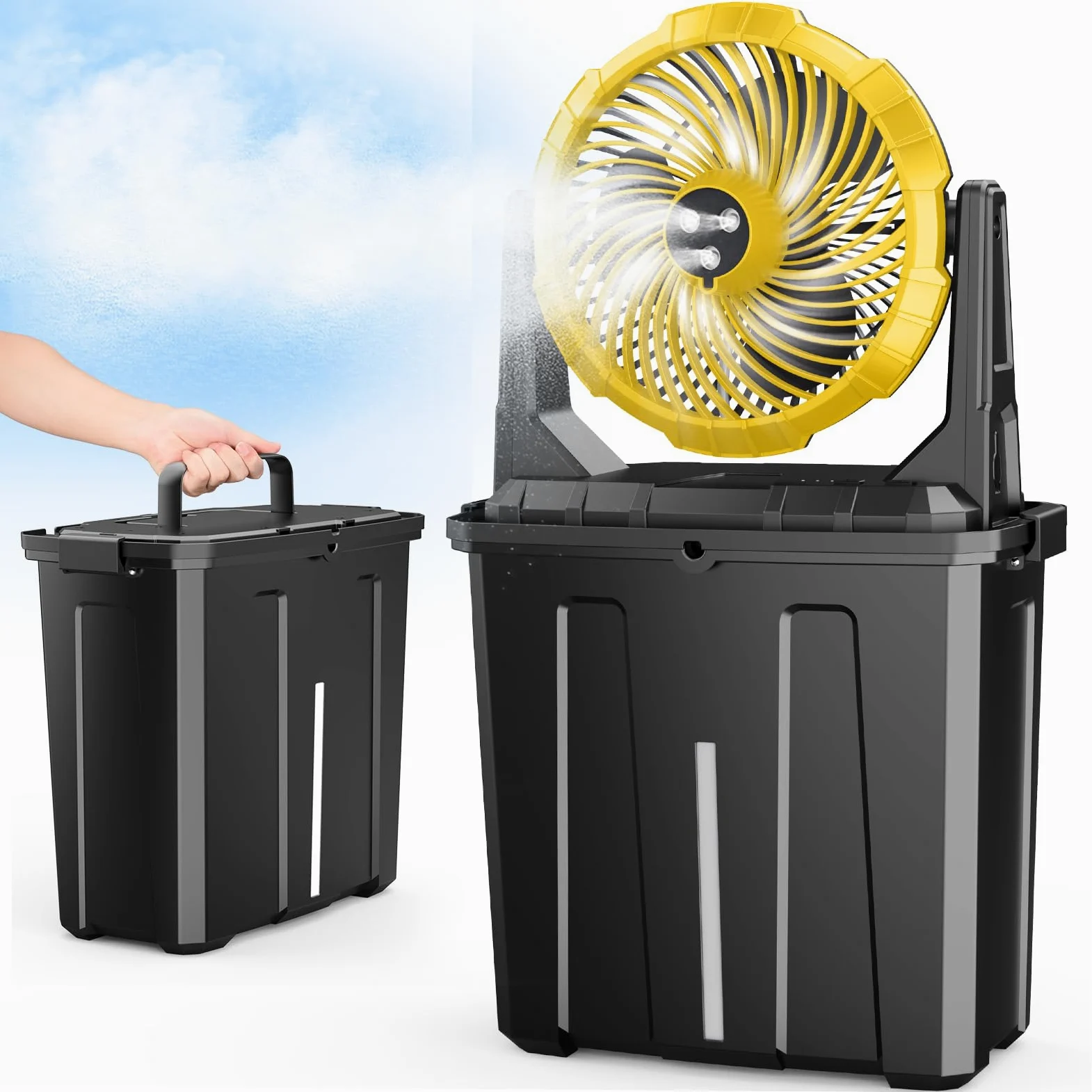 Ausic Ventilatore nebulizzatore portatile da 9 l, ventole per patio, campeggio, spiaggia, golf, ecc., 30000 mAh USB ricaricabile a batteria, ventola di raffreddamento ad acqua da pavimento, 3 forti