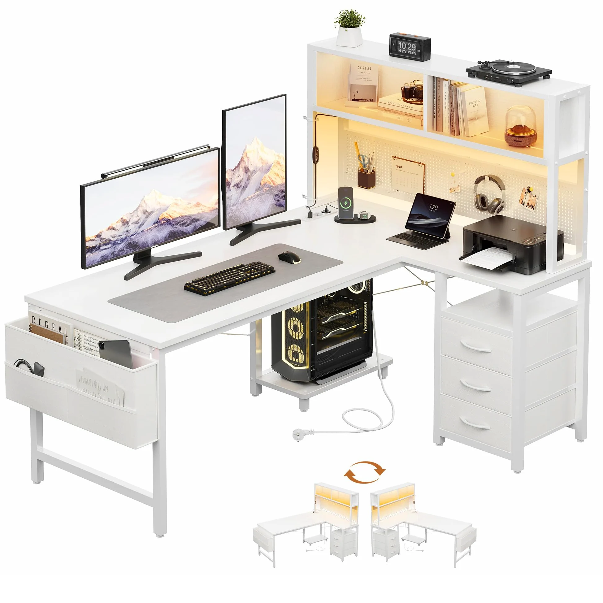 YOUDENOVA Scrivania Angolo a L Reversibile Scrivania Gaming con Pannello Forato e Mensola, Tavolo da Lavoro con LED, Presa e USB, 3 Cassetti per Working e Videogiochi 135x100 cm Bianco