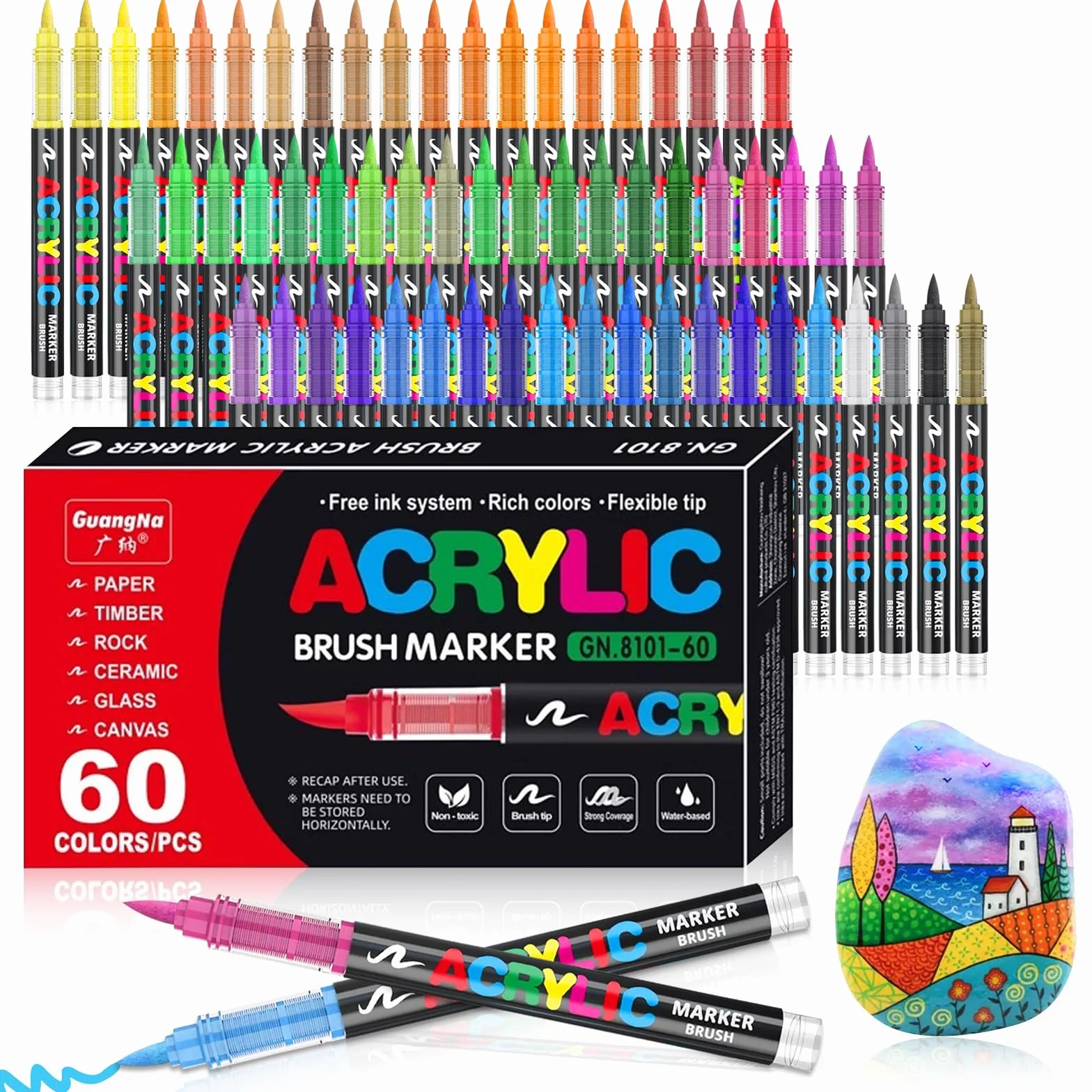 VAKKI Pennarelli Acrilici 60 Colori Acrylic Marker Brush Pen per Dipingere Sassi Tessuti Metallo Vetro Legno Tela Ceramica Plastic
