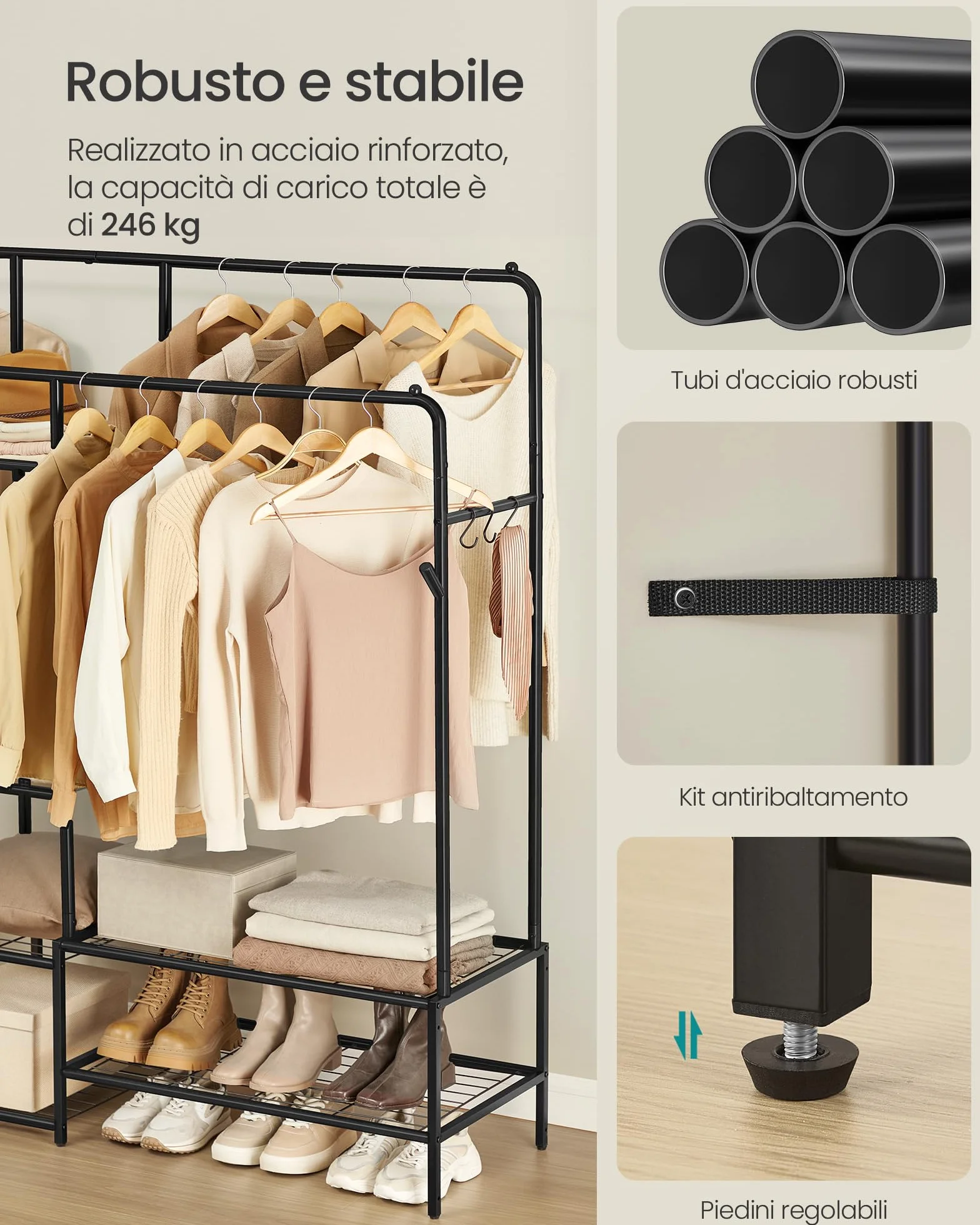 SONGMICS Stand Appendiabiti, Guardaroba Aperto, 9 Ripiani Portaoggetti, Struttura in Metallo, Nero HSR183B01