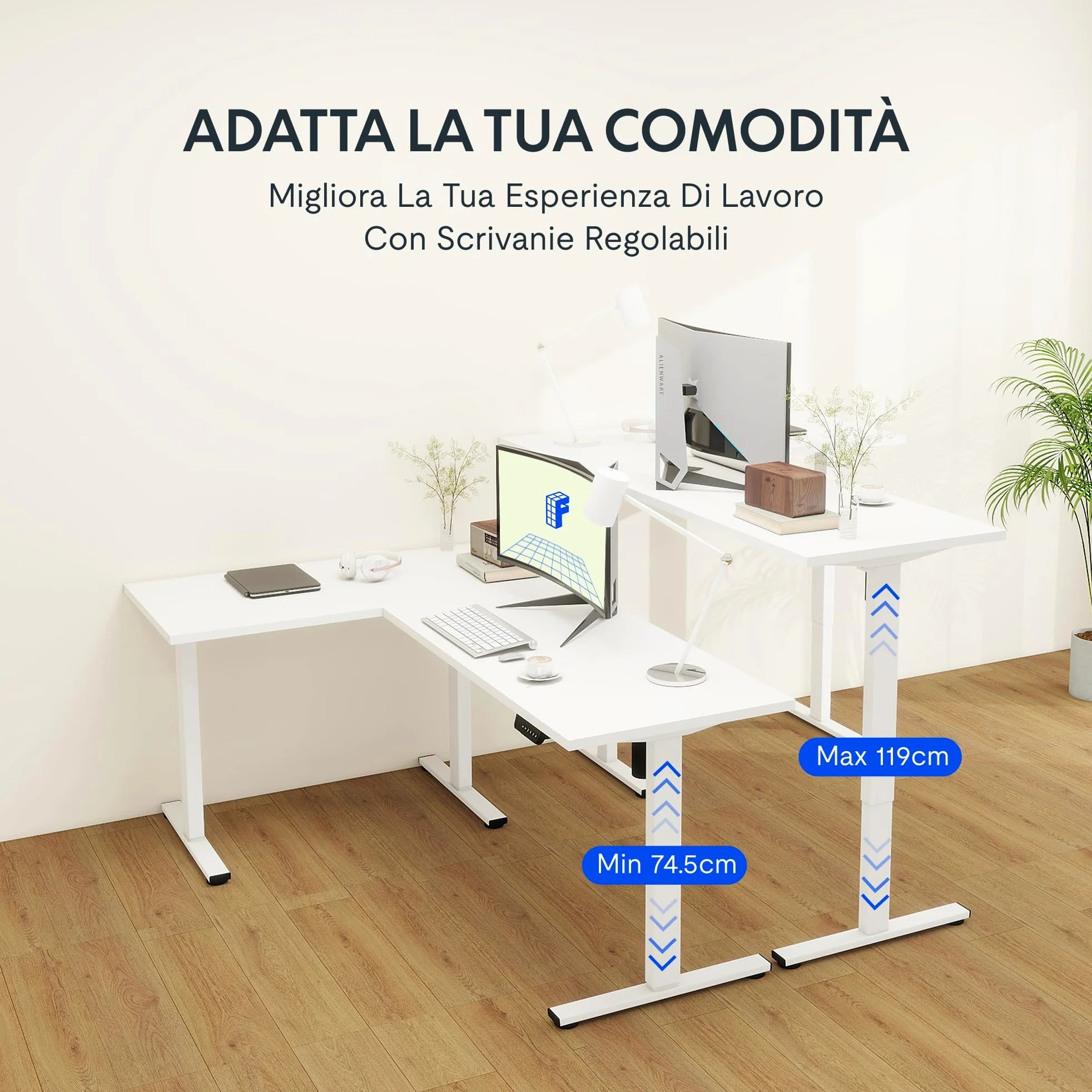 FLEXISPOT - Scrivania da ufficio angolare 180x120cm, tavolo a L con 3 piedi, scrivania elettrica regolabile in altezza con 4 pulsanti di memoria e sistema di sicurezza anti-collisione (Bianco)