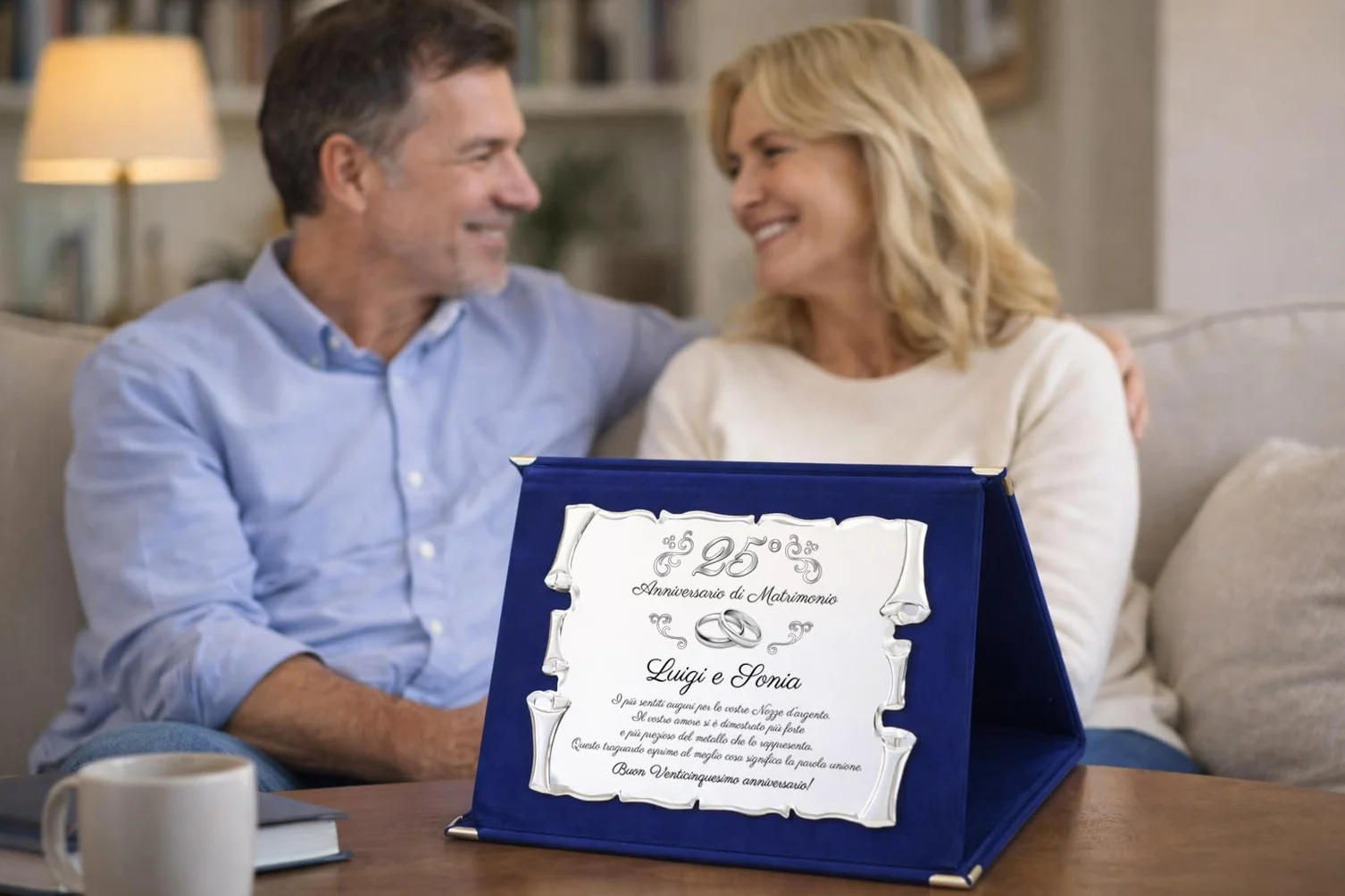 Targa 25° Anniversario di Matrimonio NOMI PERSONALIZZATI | Elegante Regalo Anniversario Nozze d'argento | Pergamena Argentata su Cofanetto in Velluto Blu