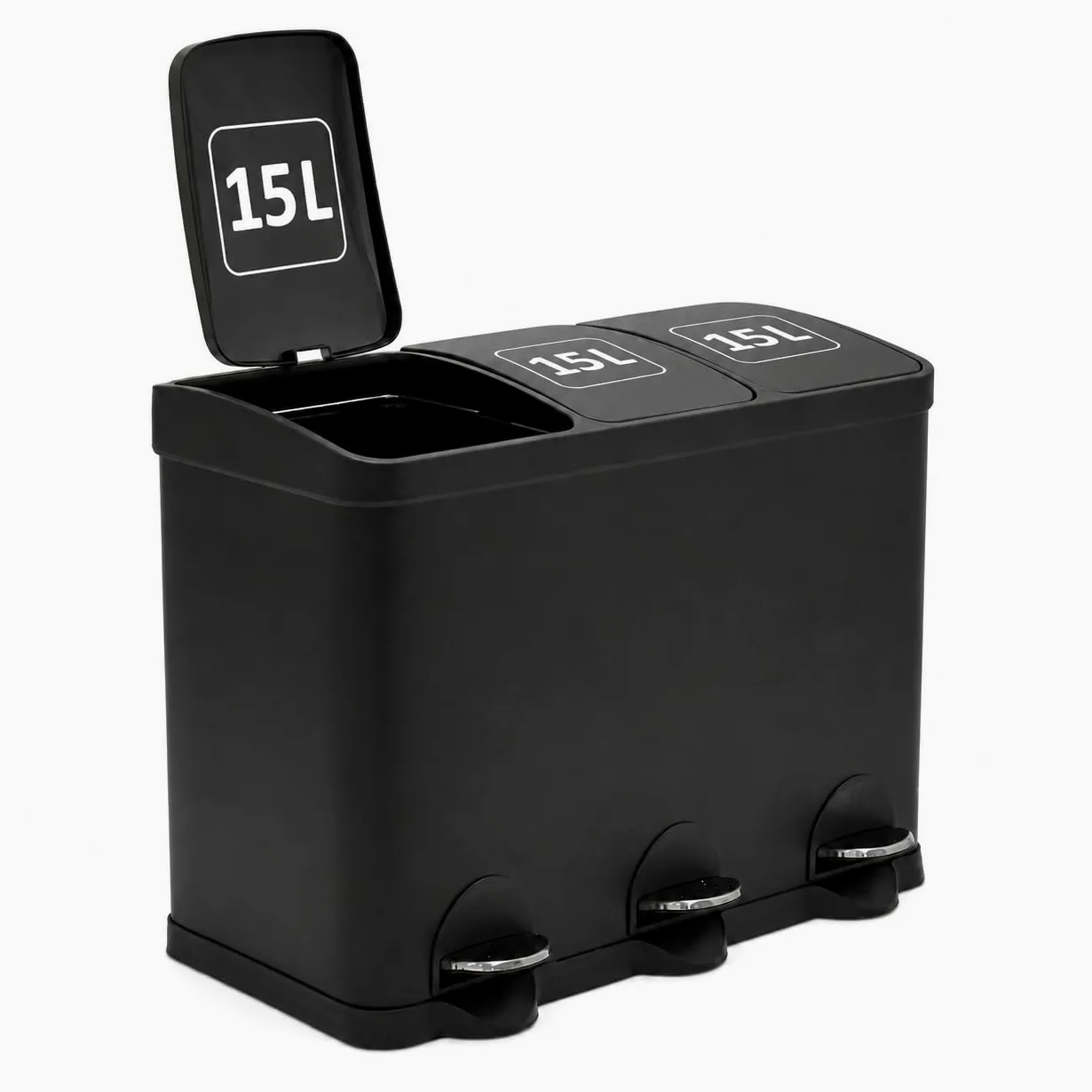Amig - Pattumiera tripla con pedali 45 litri Mod. RECIK3-3 scomparti estraibili da 15 litri - Pattumiera per raccolta differenziata da cucina - Acciaio - Dimensioni: 60 x 37 x 49 cm - Nero opaco