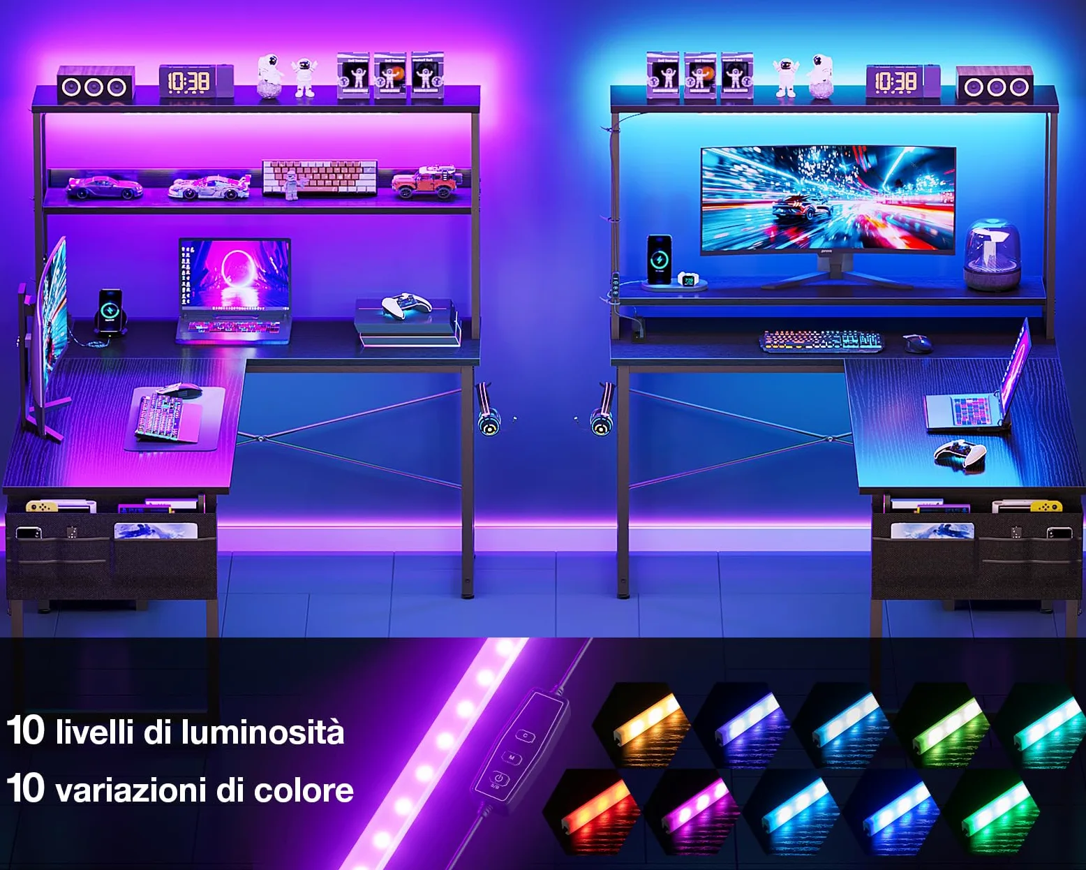 Coleshome Scrivania Gaming con LED e Prese, 135 × 100 cm Scrivania Gaming Angolare Reversibile con Scaffali Portaoggetti, Scrivania Angolare con Borsa Portaoggetti per Giocatori, Nero