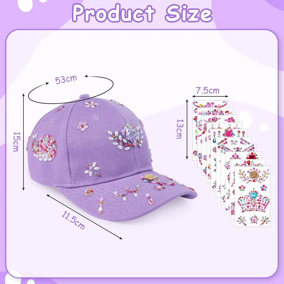 Aomig Cappello Baseball Bambino, Berretto Bambino con Visiera Regolabile, Cappellino da Baseball con Adesivi Strass Estivo Cappello con Visiera Bambini per Protezione UV, Tinta Unita(Viola)