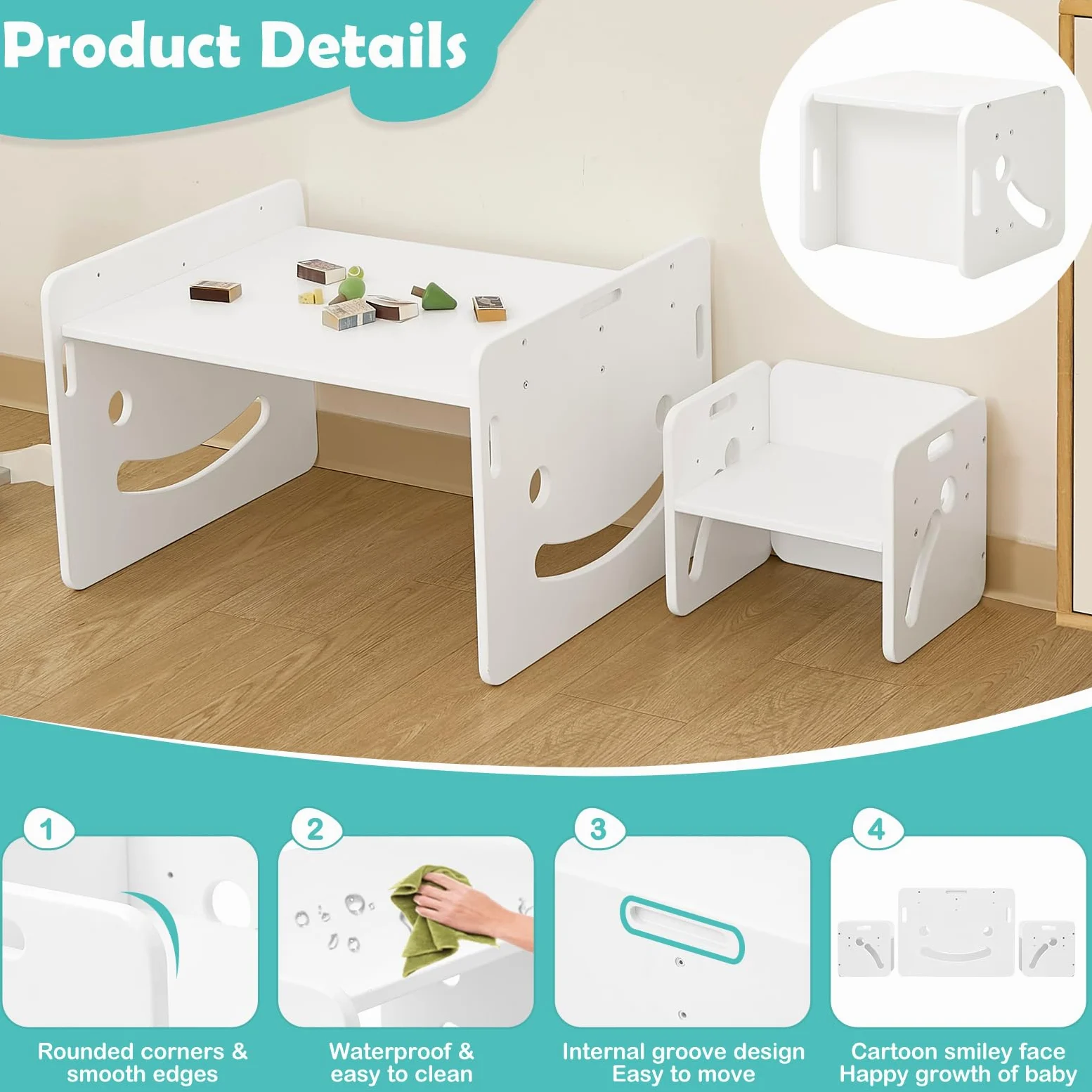FUNLIO Set Tavolo e 2 Sedia Montessori per Bambini 1-3 Anni, Altezza Regolabile, Ideale per Leggere/Mangiare/Giocare, Montaggio Semplice, Certificato CPC - Bianco