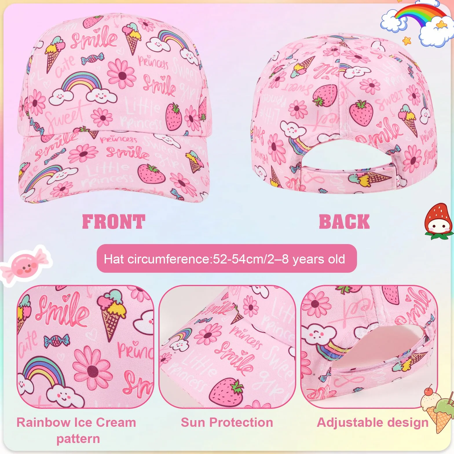 Cappellino da Baseball per Bambine QKURT, Cappello Estivo Regolabile per Bambini 2-8 Anni
