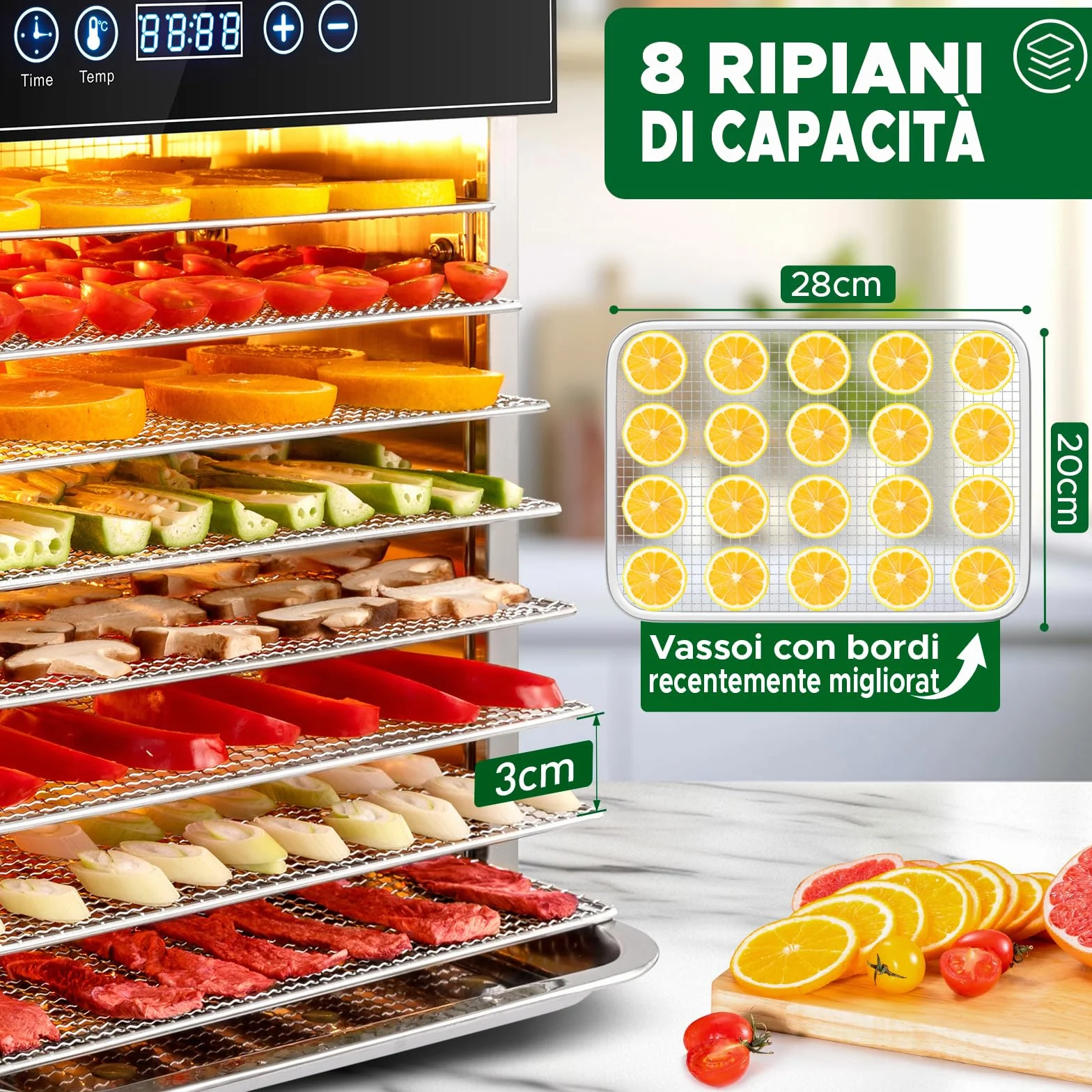 Kwasyo Essiccatore Alimentare Acciaio Inox, 8 Vassoi Con Display LCD, 24 ore Timer, 30-90°C Temperatura Regolabile,500W Essiccatore di Frutta e Verdura, Vassoi Lavabili in Lavastoviglie