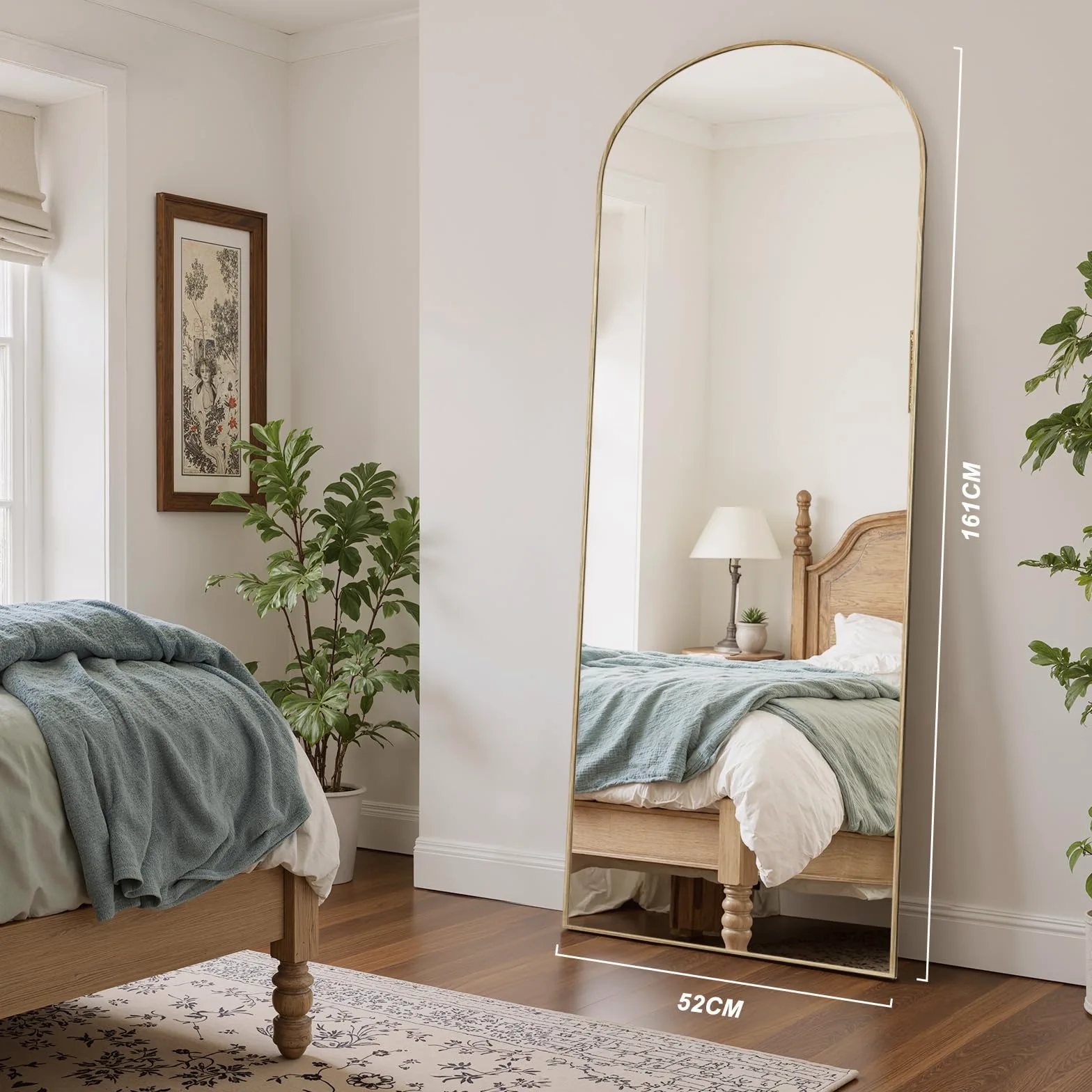 Reflix Specchio per tutto il corpo con arco, 161 x 52 cm, cornice in alluminio con finitura in teak, da appoggio, da appendere o da montare a parete, ideale per soggiorno e camera da letto