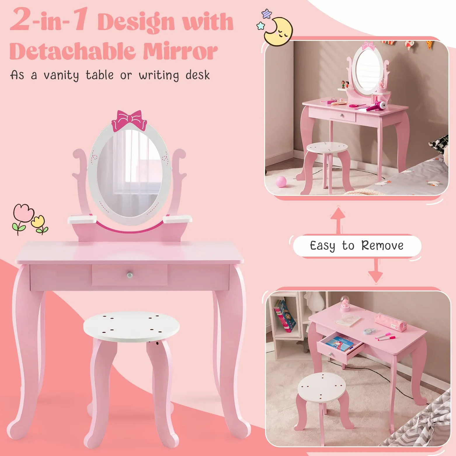 RELAX4LIFE 2 in 1 Toeletta Trucco Bambina con Specchio e Sgabello, Set Tavolo da Trucco con Specchio Rimovibile, Centro di Bellezza, Giocattolo da Trucco per Bambini dai 3 ai 7 Anni