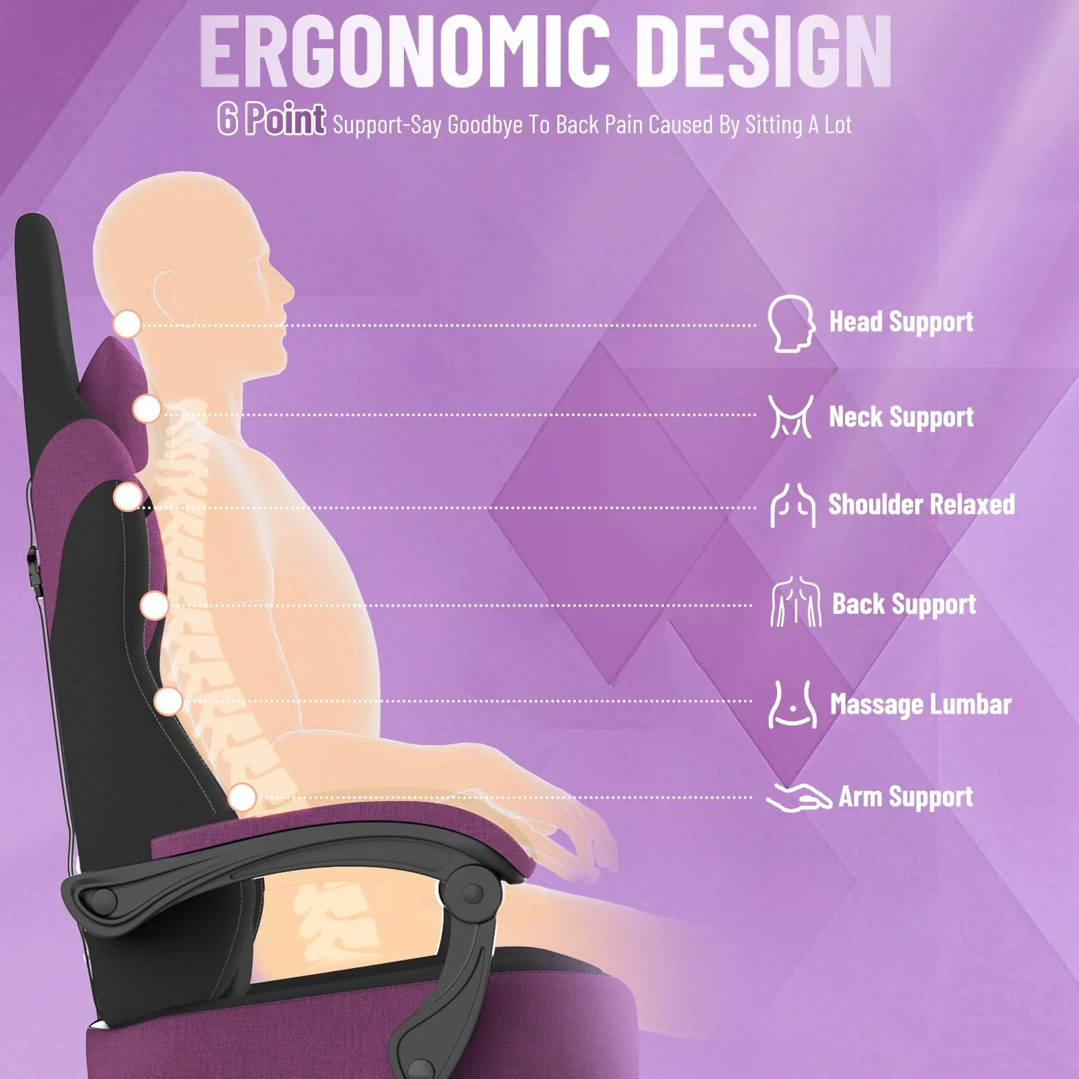 Ferghana Sedia da Gaming Ergonomica,Sedia Gaming in Tessuto Tecnologico,Sedia da Ufficio con Massaggio,Cuscino Primaverile,Poggiatesta,Braccioli, Ampio Sedile Piatto,Poltrona Ufficio,Nero-Viola