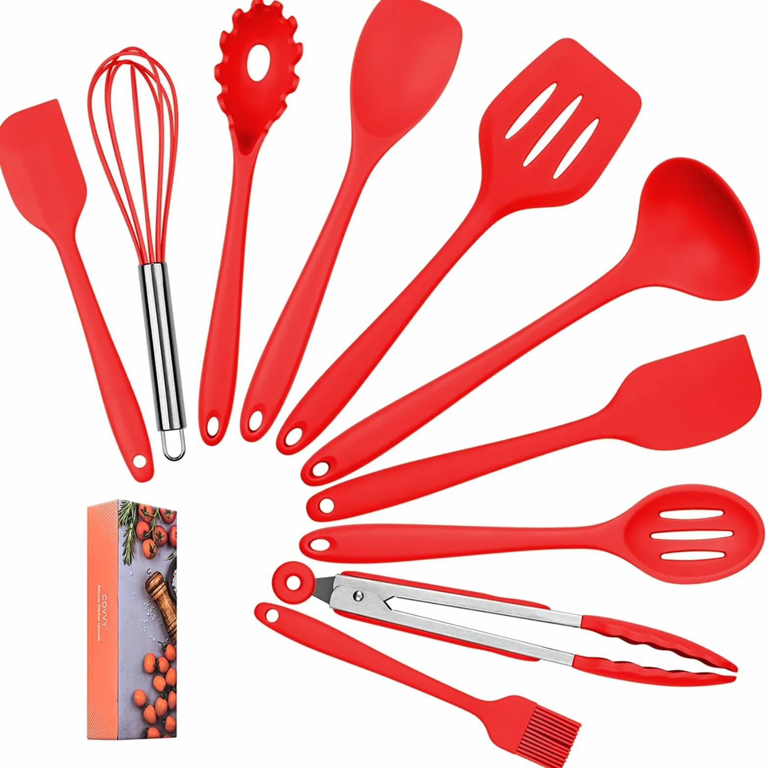 Utensili da cucina in silicone domestici di Lysport (10 pezzi) Utensili di cottura e cottura resistenti al calore Non Stick - Non Scratch Utensili da cucina Cucina buona Helper (Rosso)