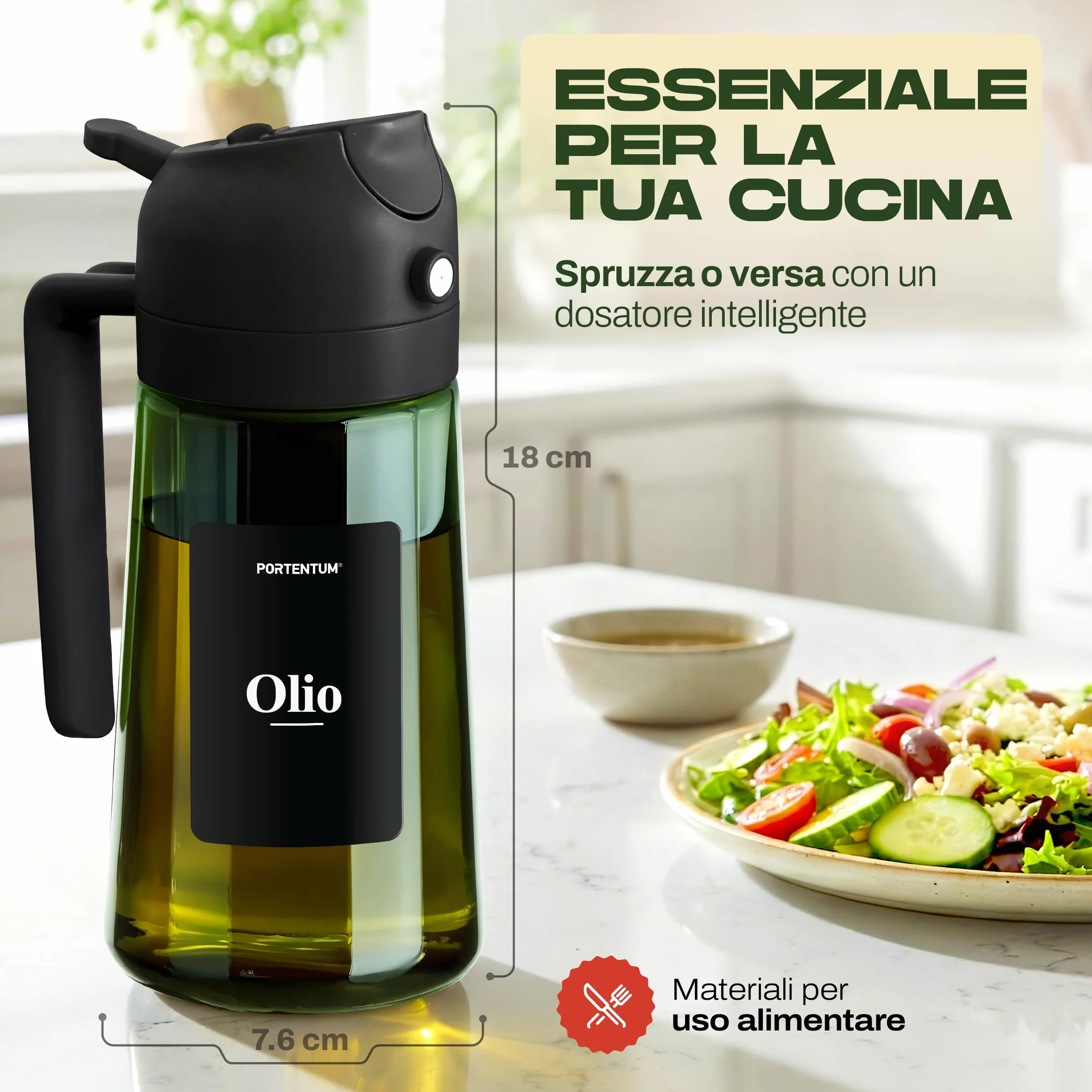 PORTENTUM Spruzzino olio per friggitrice aria 470 ml 2 in 1 spray e versamento – Oliera spray vetro verde protezione dalla luce – Nebulizzatore insalate e grigliate