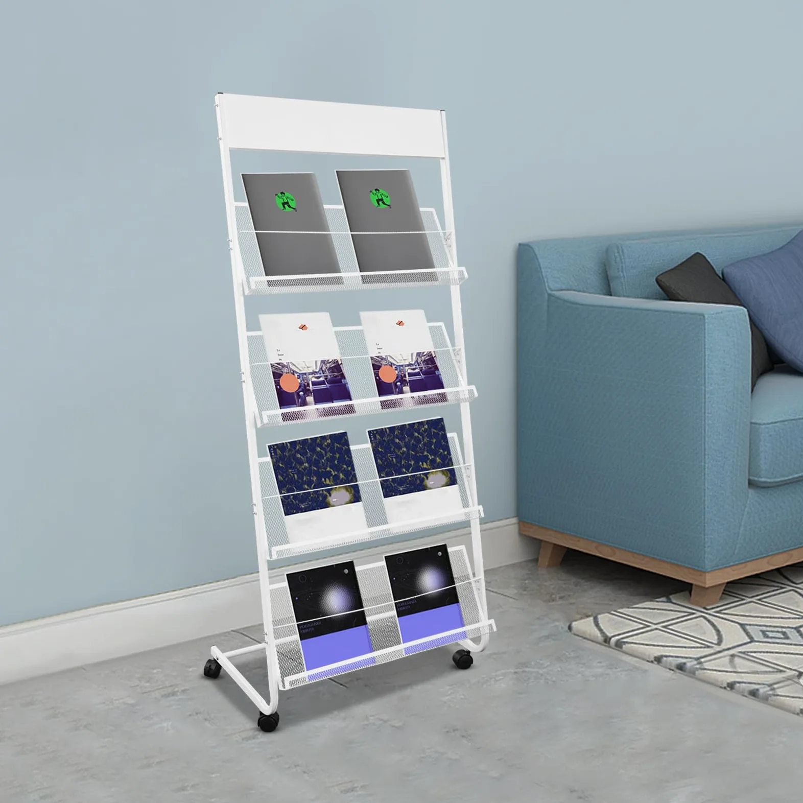 Portariviste a 4 piani, bianco con ruote, per atelier, biblioteche, uffici, 63 x 36 x 148 cm