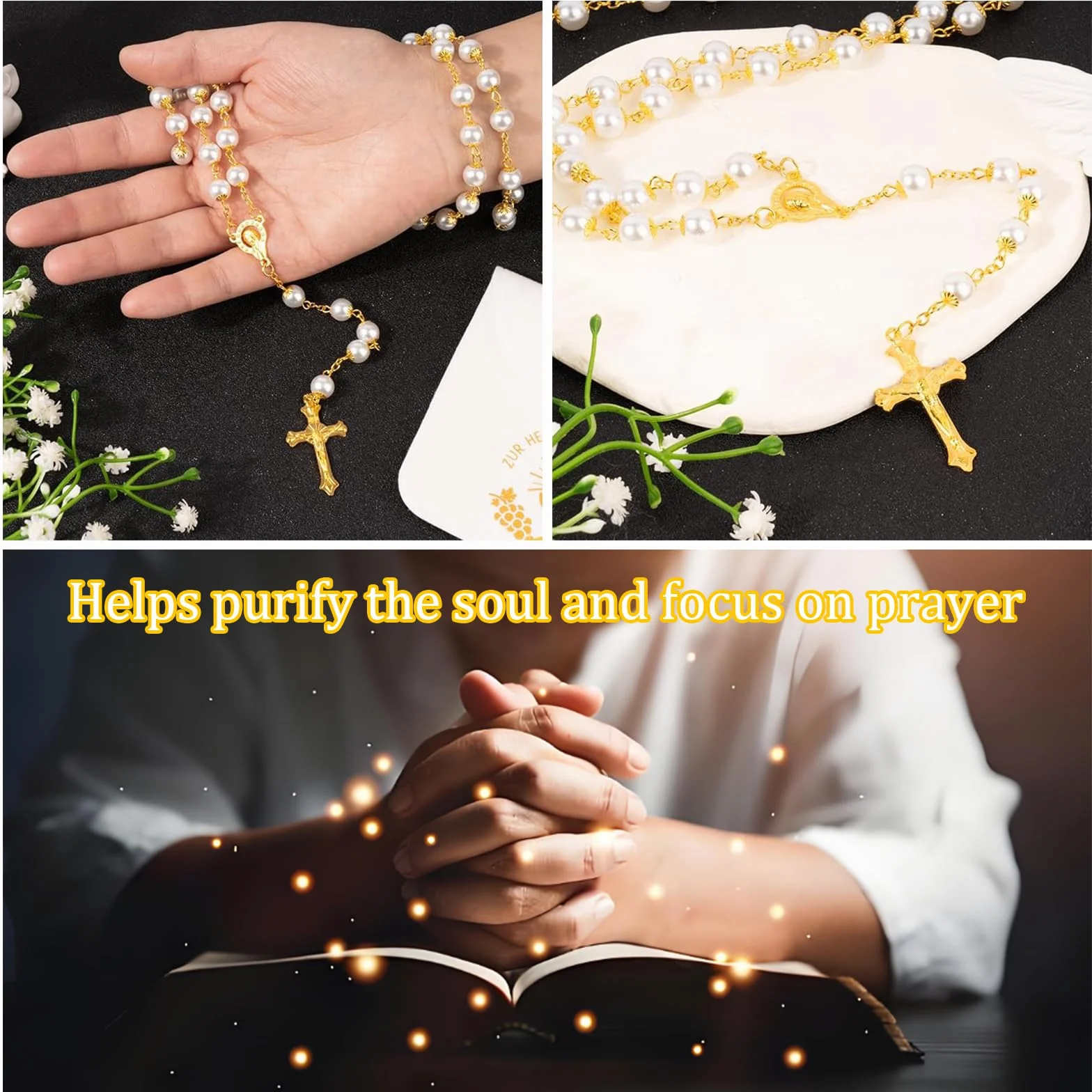 Rosario Di Comunione Con Croce Retrò Cristiano Con Ciondolo A Forma Di Croce Con Zirconi Preghiera Religiosi Credenti Perle Collana Rosario Per Battesimo Comunione Matrimonio Festa, Oro