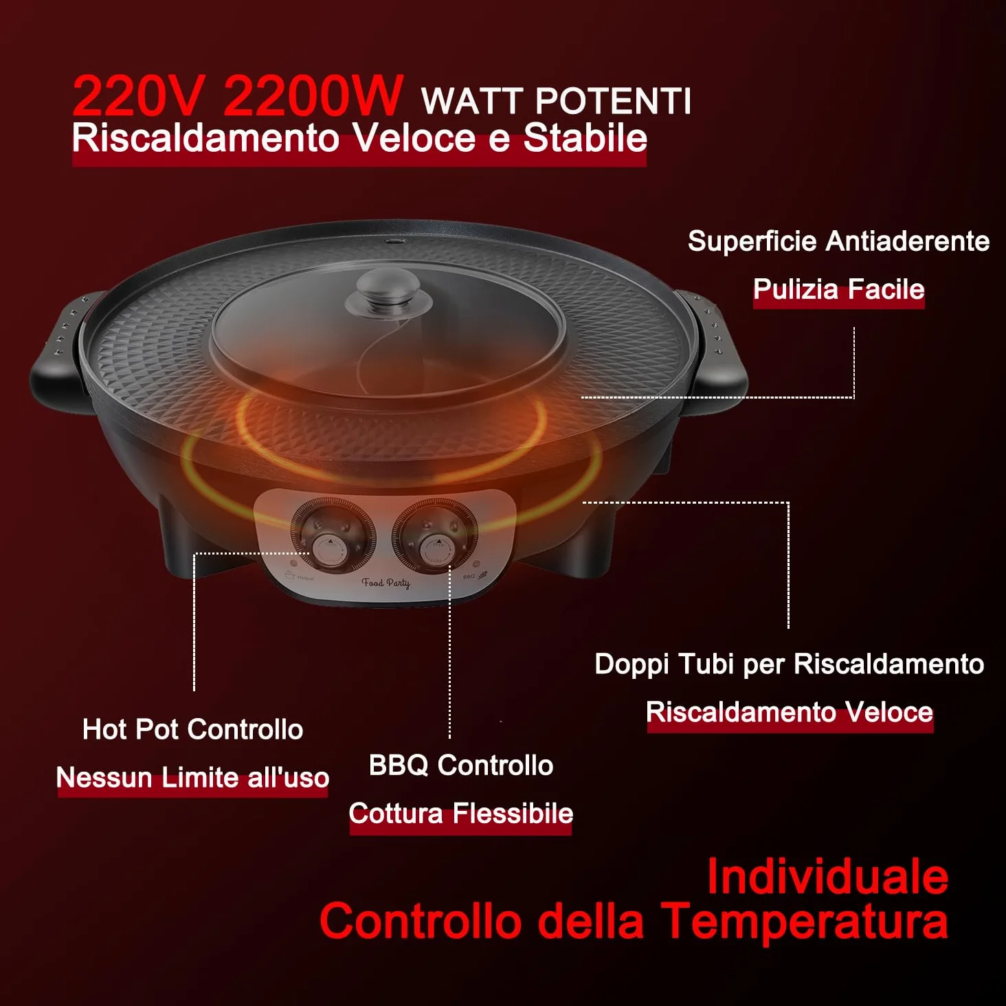 Food Party Hot Pot Elettrico Griglia Elettrica Senza Fumo 220V 2200W 2 in 1 Hotpot Cinese Pentola Calda Electri Korean Grill Barbecue Shabu Shabu Hot Pot