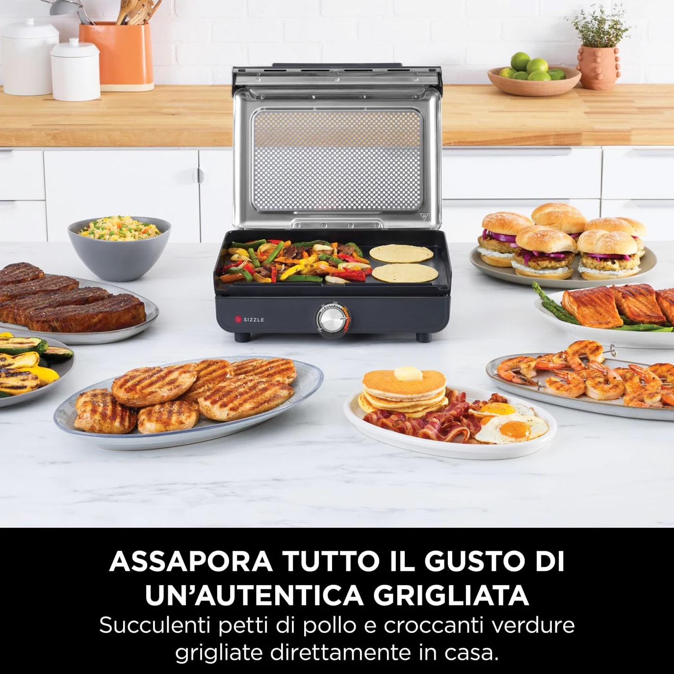 Ninja Sizzle Griglia Elettrica e Piastra Antiaderente per Interni, Coperchio Rimovibile Lavabile in Lavastoviglie, Vaschetta Raccogli Grasso, Manopola per Temperatura e Ricettario, Grigio GR101EU