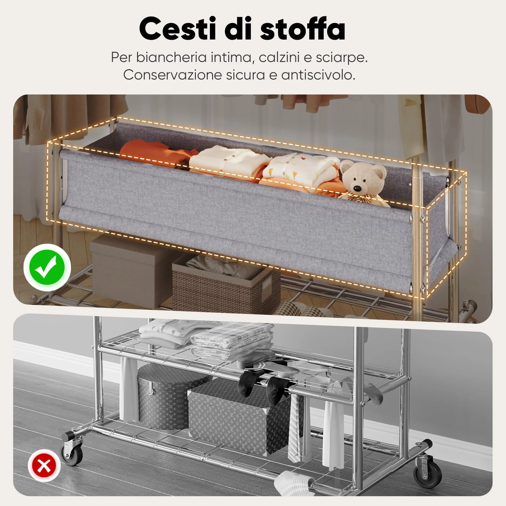 HOKEEPER Appendiabiti da Terra Resistente a Doppia Barra con Ruote, 283kg, con Cesta in Tessuto e Ripiano, Estensibile - Ideale per Camera da Letto, Boutique