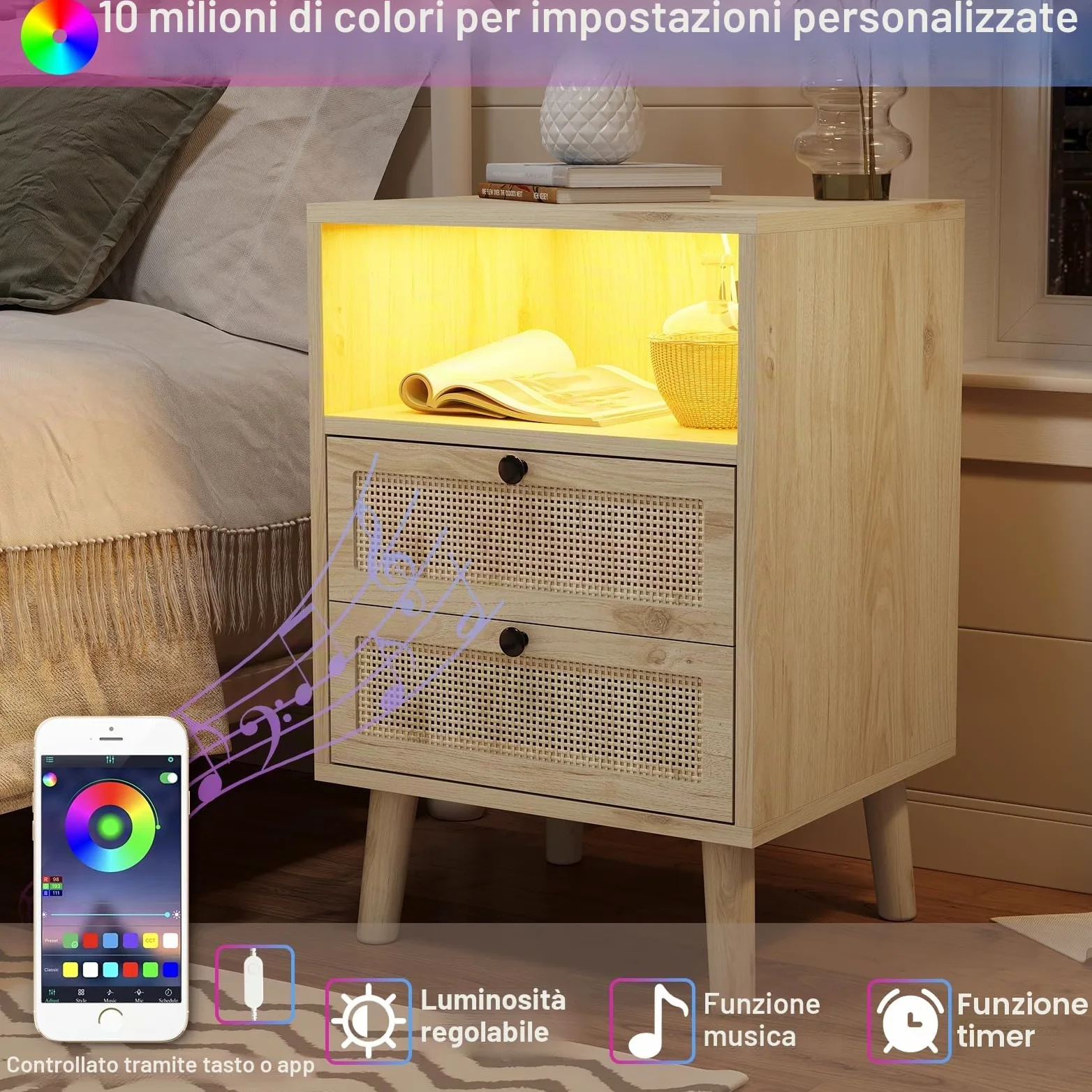 AOGLLATI Comodino Rattan Set di 2 con 2 Cassetti e Scomparto Aperto, Comodino Piccolo con Luci LED, Comodini in Legno Tavolo Laterale Stretto con Gambe in Pino per Soggiorno, Camera da Letto