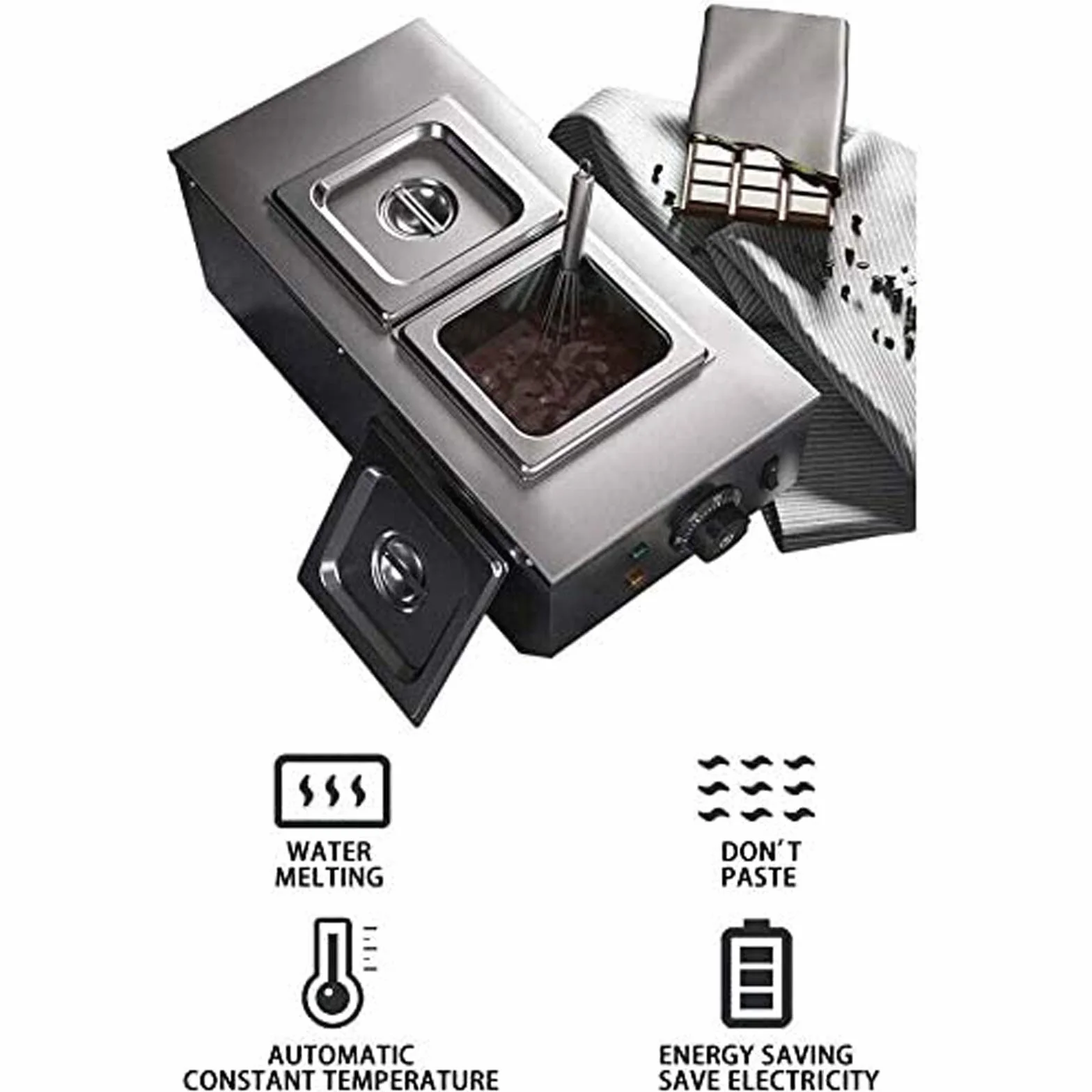 Temperatrice per Cioccolato Bagnomaria Elettrica Acciaio Inox 6L 2 Serbatoi 220V 600W