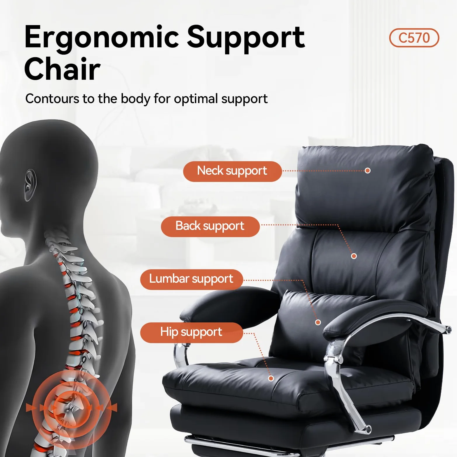 EMIAH Sedia da Ufficio Direzionale con Poggiapiedi, Comoda Sedia Scrivania con Braccioli, Poltrona Ufficio Ergonomica Reclinabile in Pelle PU con Ruote, Sedia per Computer con Cuscino Ispessito, Nero