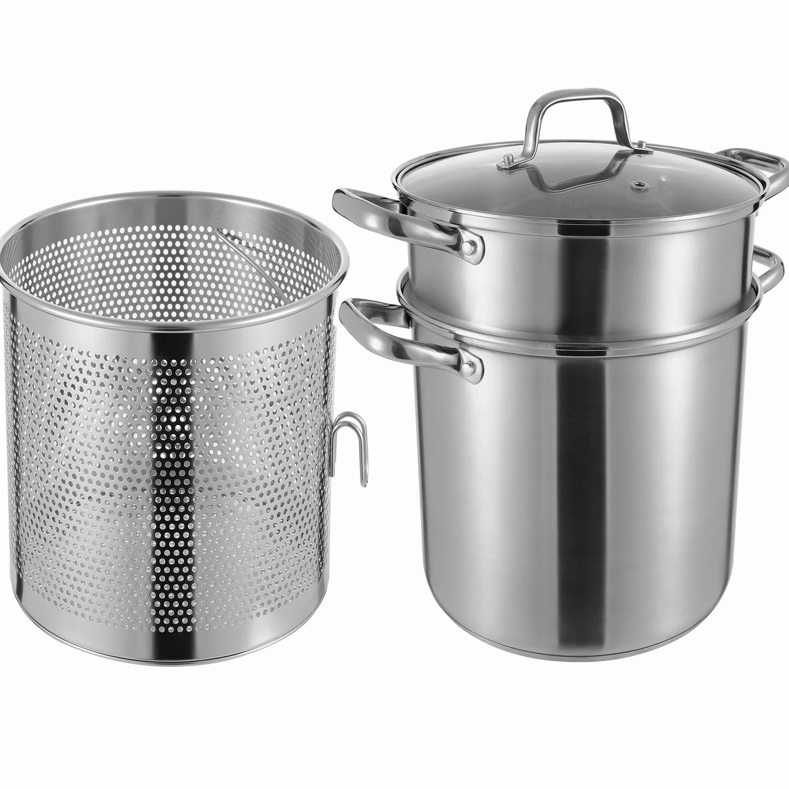 OUKANING Pentola per asparagi e pasta, 8 l, Ø 28 cm, altezza 36 cm, con colino per asparagi, alta con coperchio in vetro, per pasta, patate, verdure