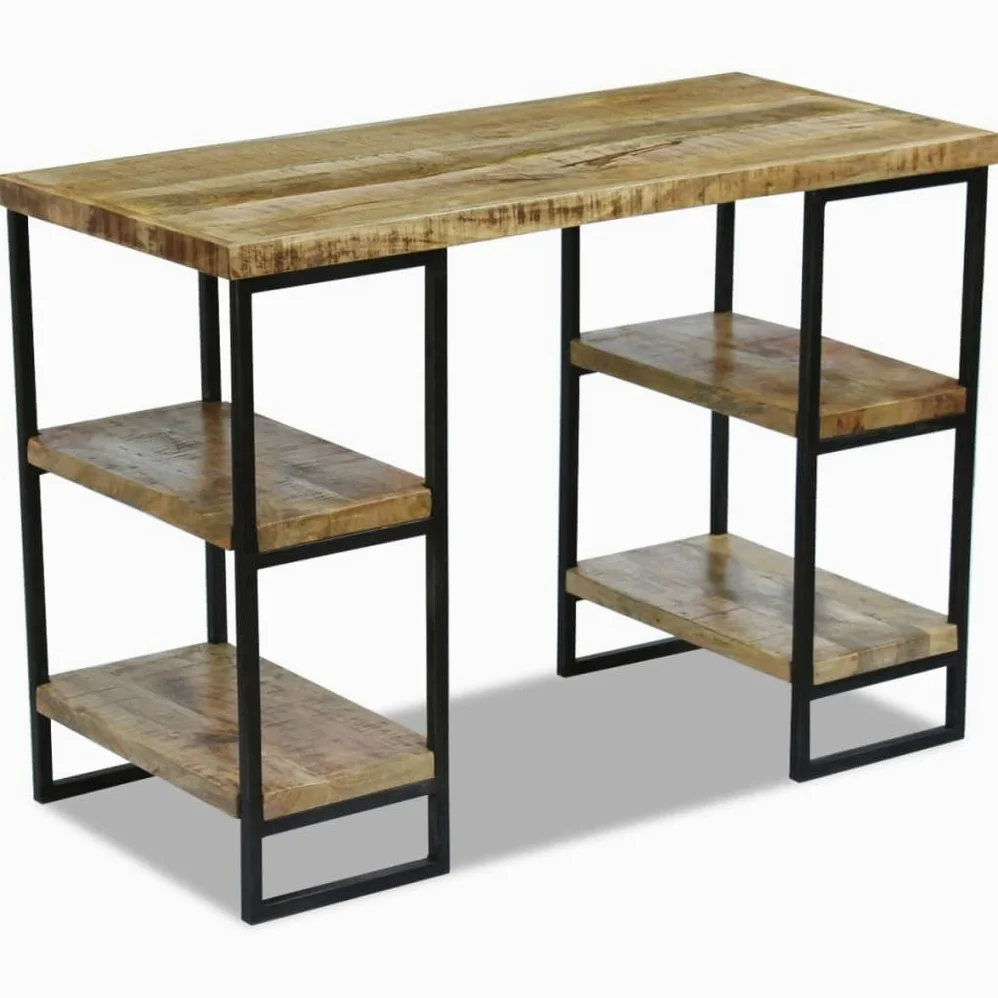 Scrivania industriale in legno di mango massiccio con struttura in acciaio, 110 x 50 x 76 cm, scrivania per computer con due scomparti per lato per libri e blocchi appunti