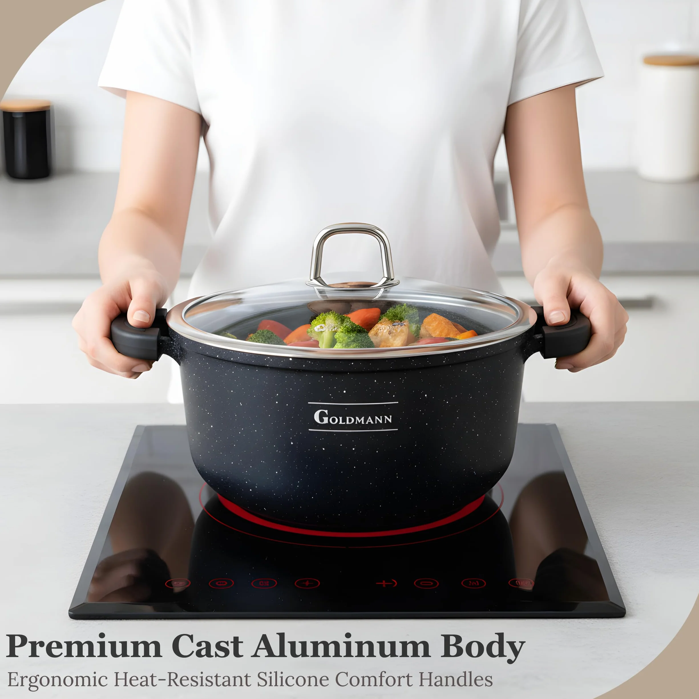 GOLDMANN Pentola da 28 CM con Coperchio in Vetro, 6.5L in Alluminio Pressofuso, Rivestimento Antiaderente in Marmo Ceramico, Adatta a Tutti i Piani Cottura, Senza PFOA/PFAS