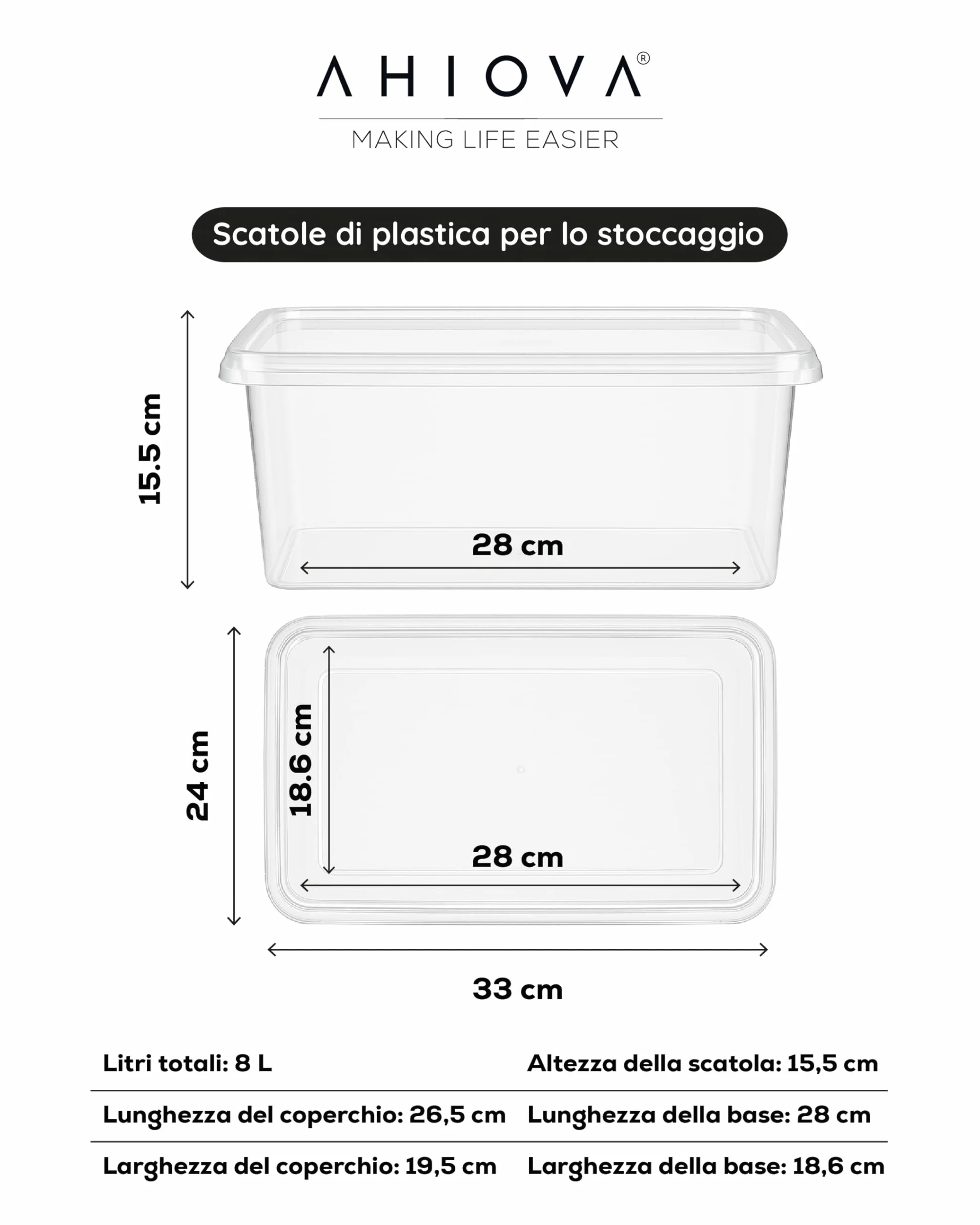 Scatole Plastica 8L con Coperchio Set 5 Portaoggetti Impilabili Trasparenti 33x24x15,5cm Bagno Garage Ufficio