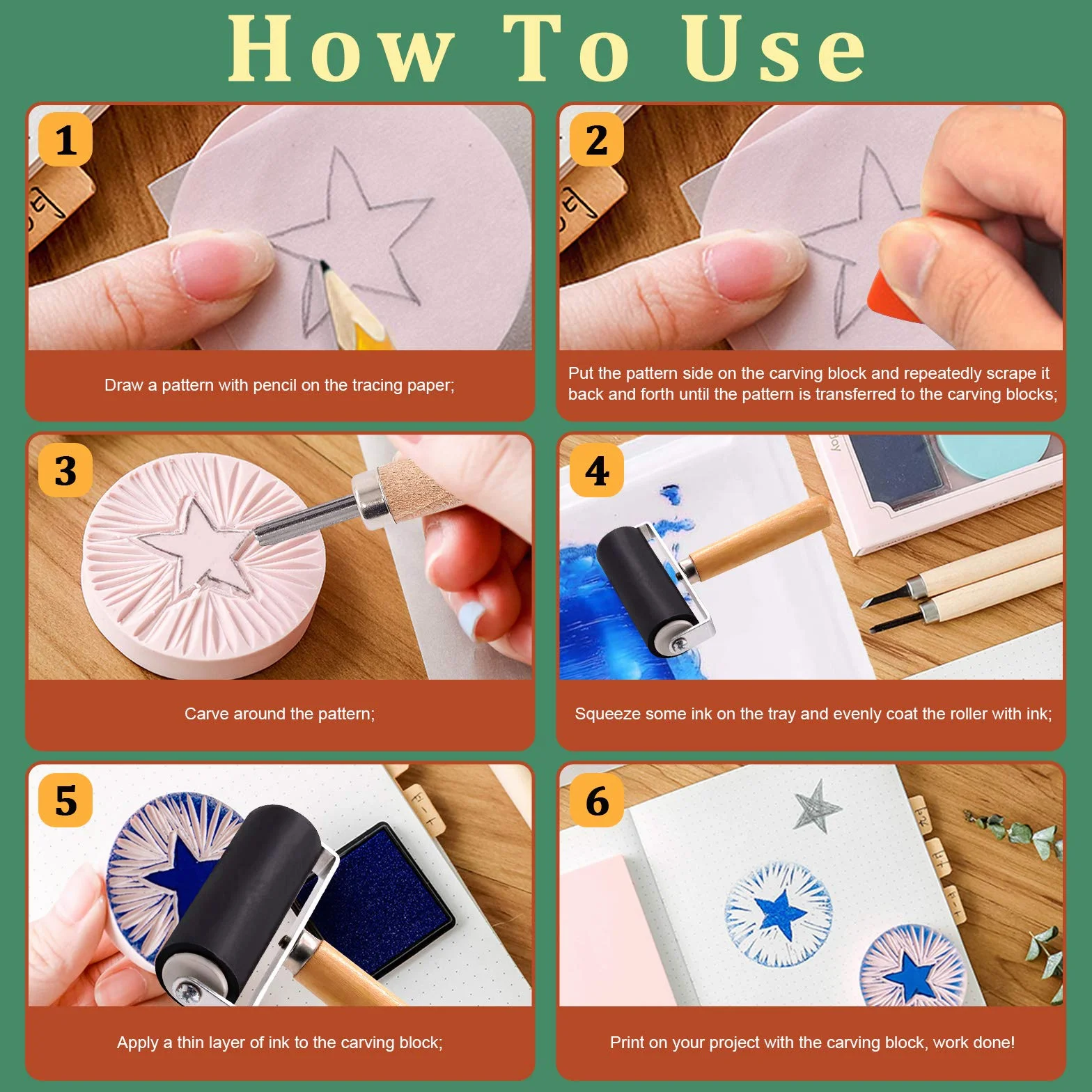 Keadic Kit di 41 timbri in gomma, include 2 timbri in gomma, 3 strumenti per intaglio e pietra per affilare, carte da ricalco, rullo Brayer, strumenti di stampa per incidere e stampare timbri