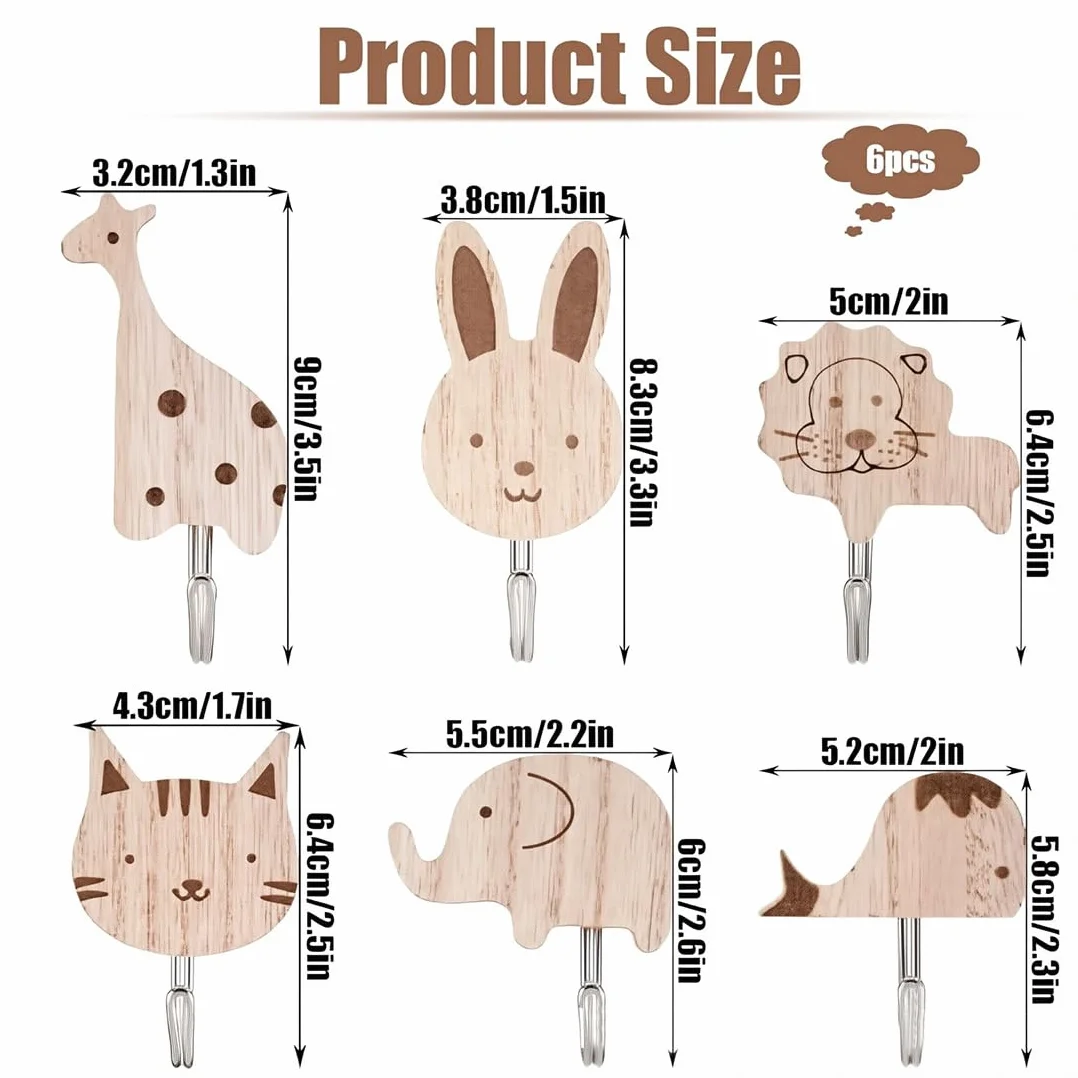 Ganci Autoadesivi per Bambini a Forma di Animale, Ganci in Legno, Appendini per Asciugamani e Cappelli, Set da 6 Pezzi per Bagno e Camera