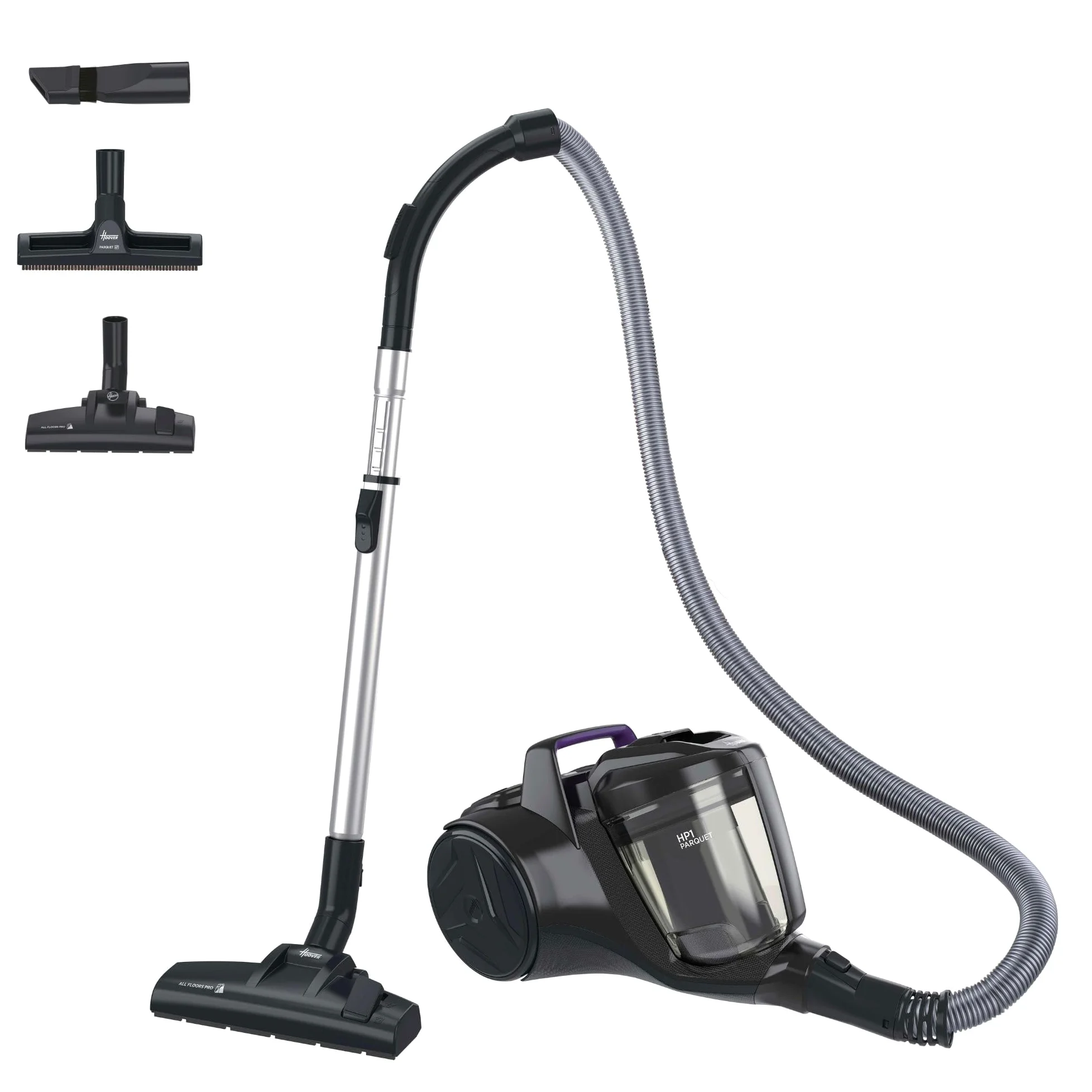 Hoover Aspirapolvere a traino senza sacco potente e compatto HP1 per tappeti, pavimenti duri e delicati, Leggero e con filo, Contenitore 2L, Spazzola Parquet, Raggio d'azione 7,5 m [HPZ107HM]