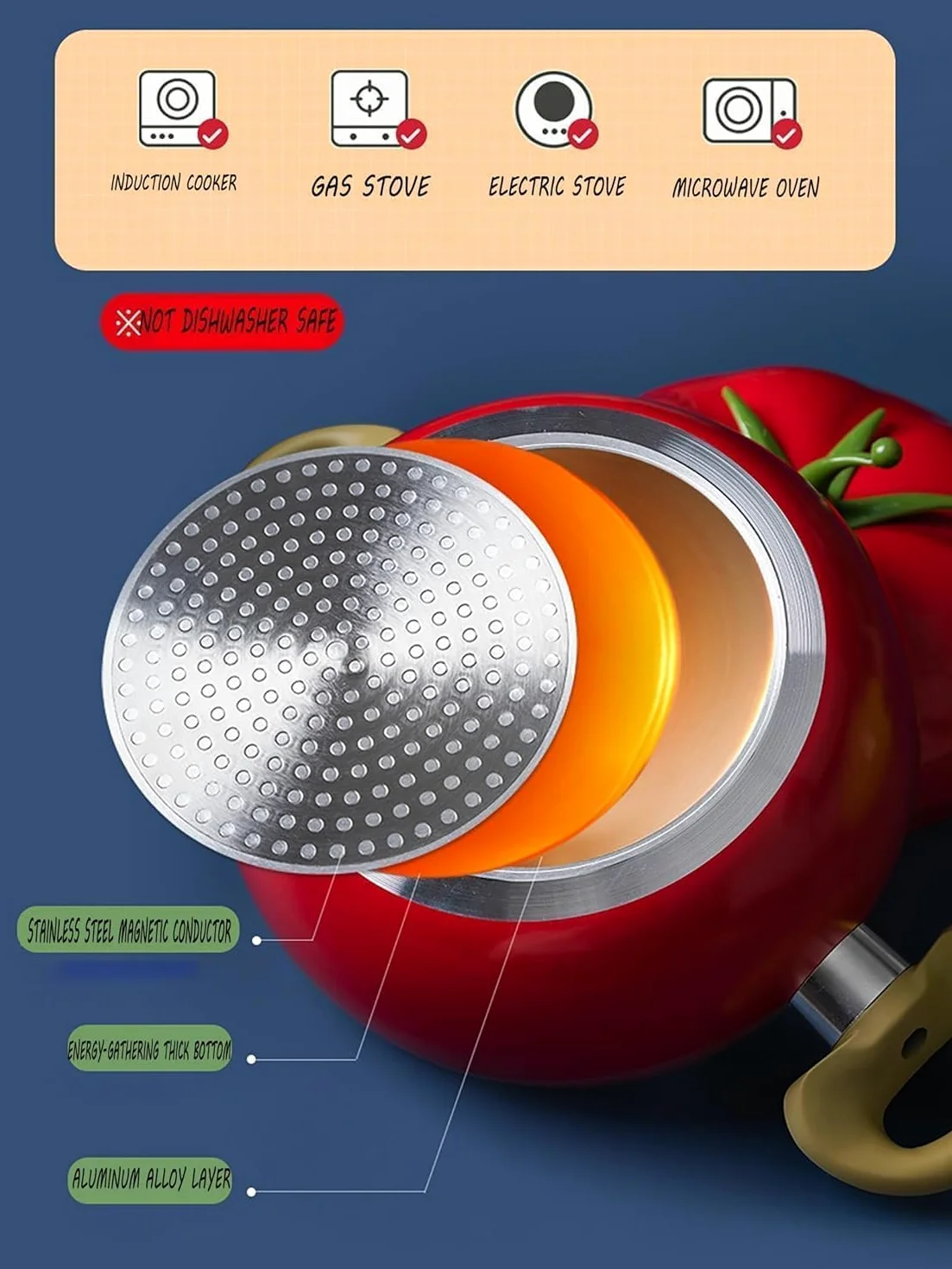 Pentola in Ghisa Smaltata con Coperchio - Design a Forma di Pomodoro, Pentola Antiaderente per Zuppe e Pasta, Uso Versatile, Adatta per Gas e Induzione