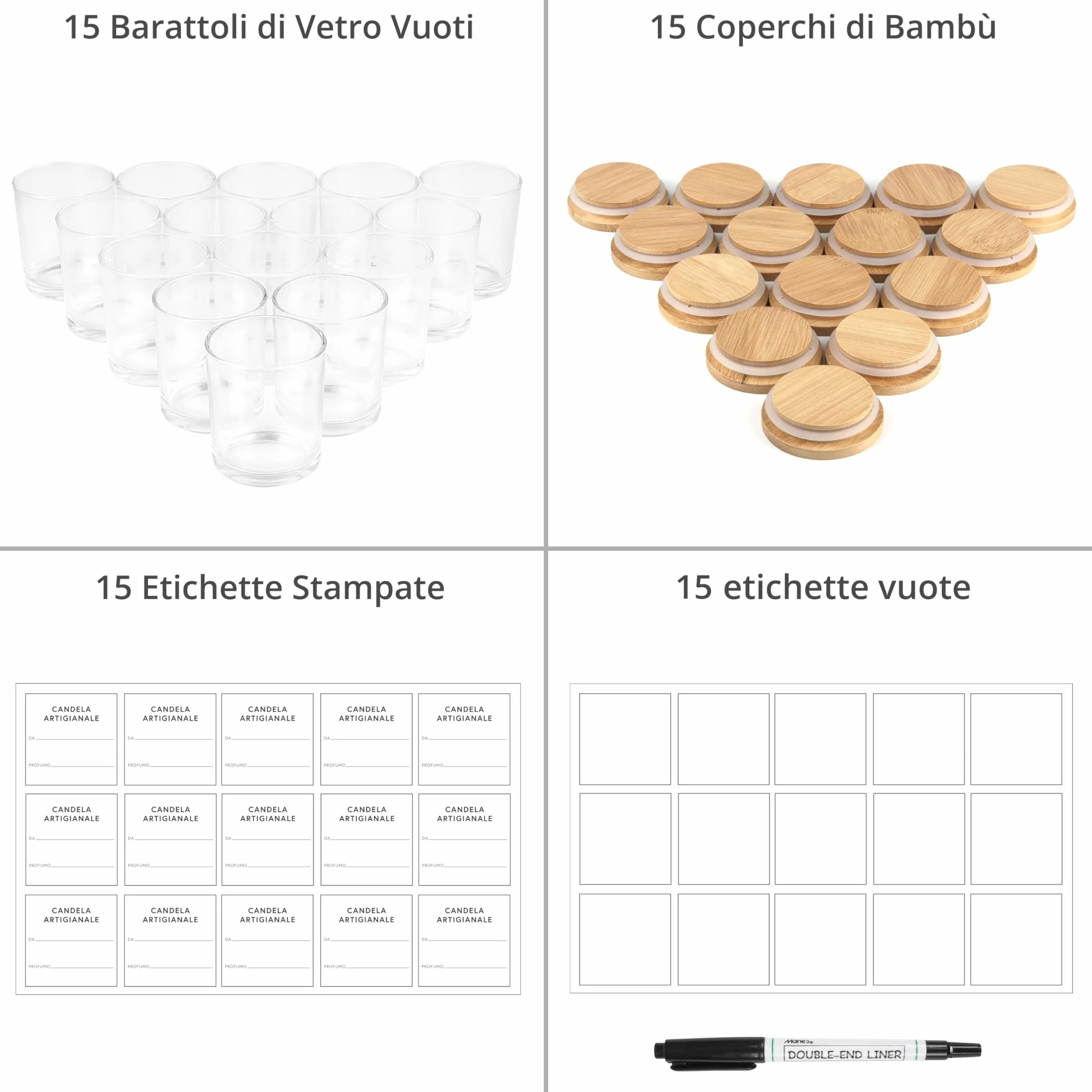 Portacandele Vetro 170 ml con Coperchi [15 Pezzi] - Porta Candele Vuoti Trasparenti - Include Etichette Adesive