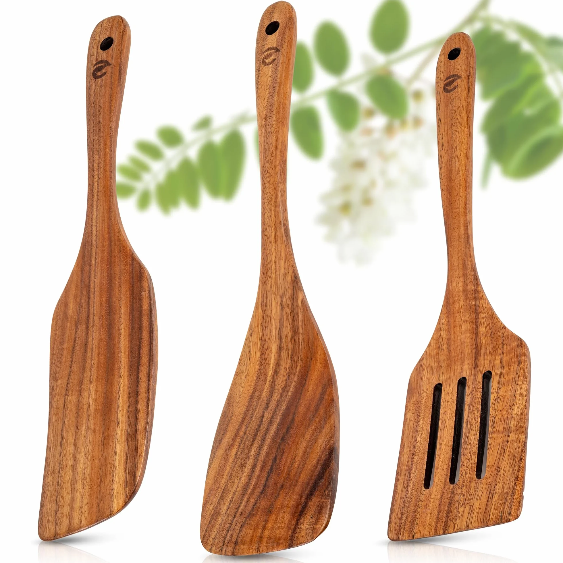 ECENCE Set di Spatole in Legno di Acacia 3 Pezzi - Resistenti al Calore per Padelle Antiaderenti