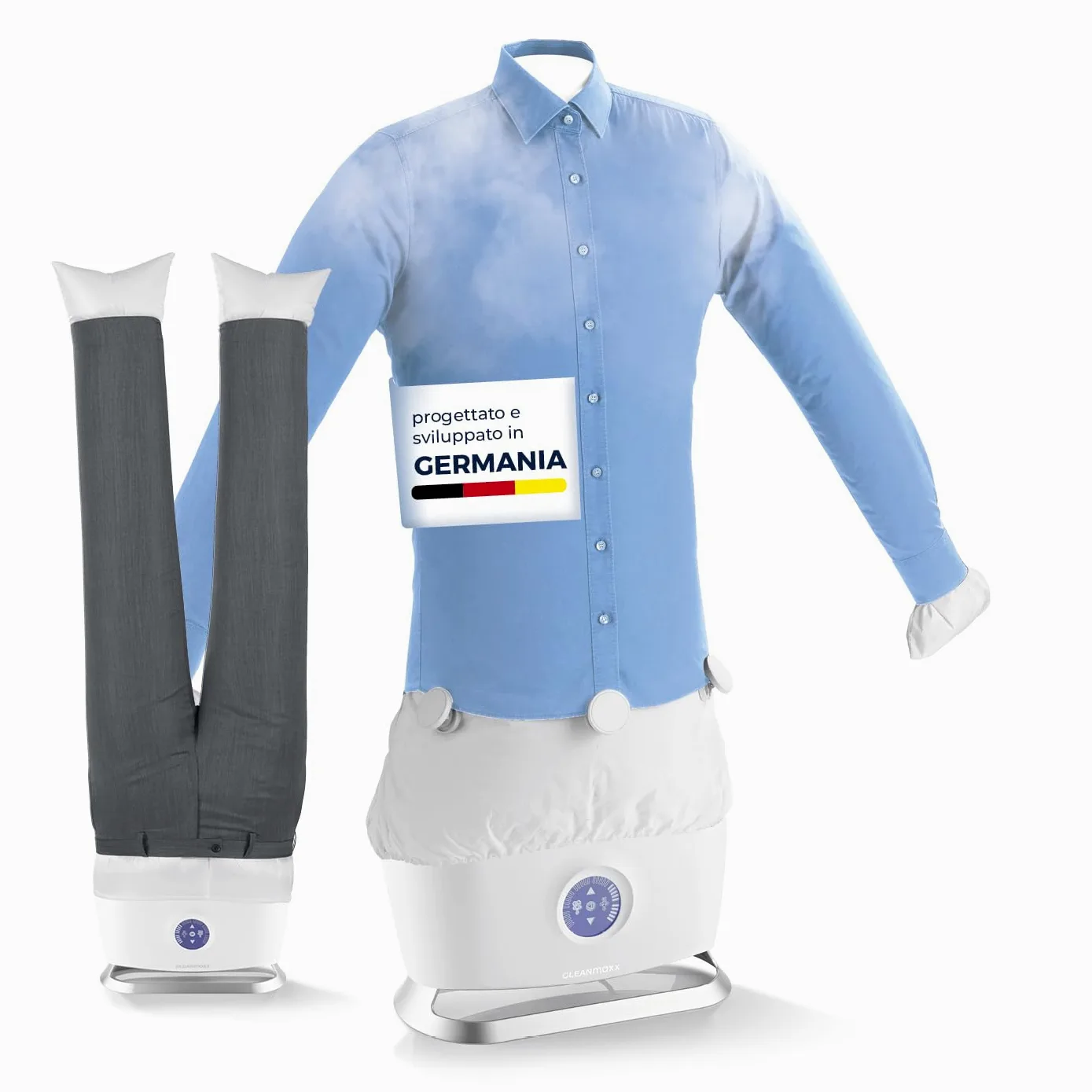 CLEANmaxx Ferro da stiro automatico per camicie PRO STEAM + accessorio per pantaloni | Funzione vapore, display a sfioramento | Per camicie e camicette | Disinfetta, leviga, rinfresca